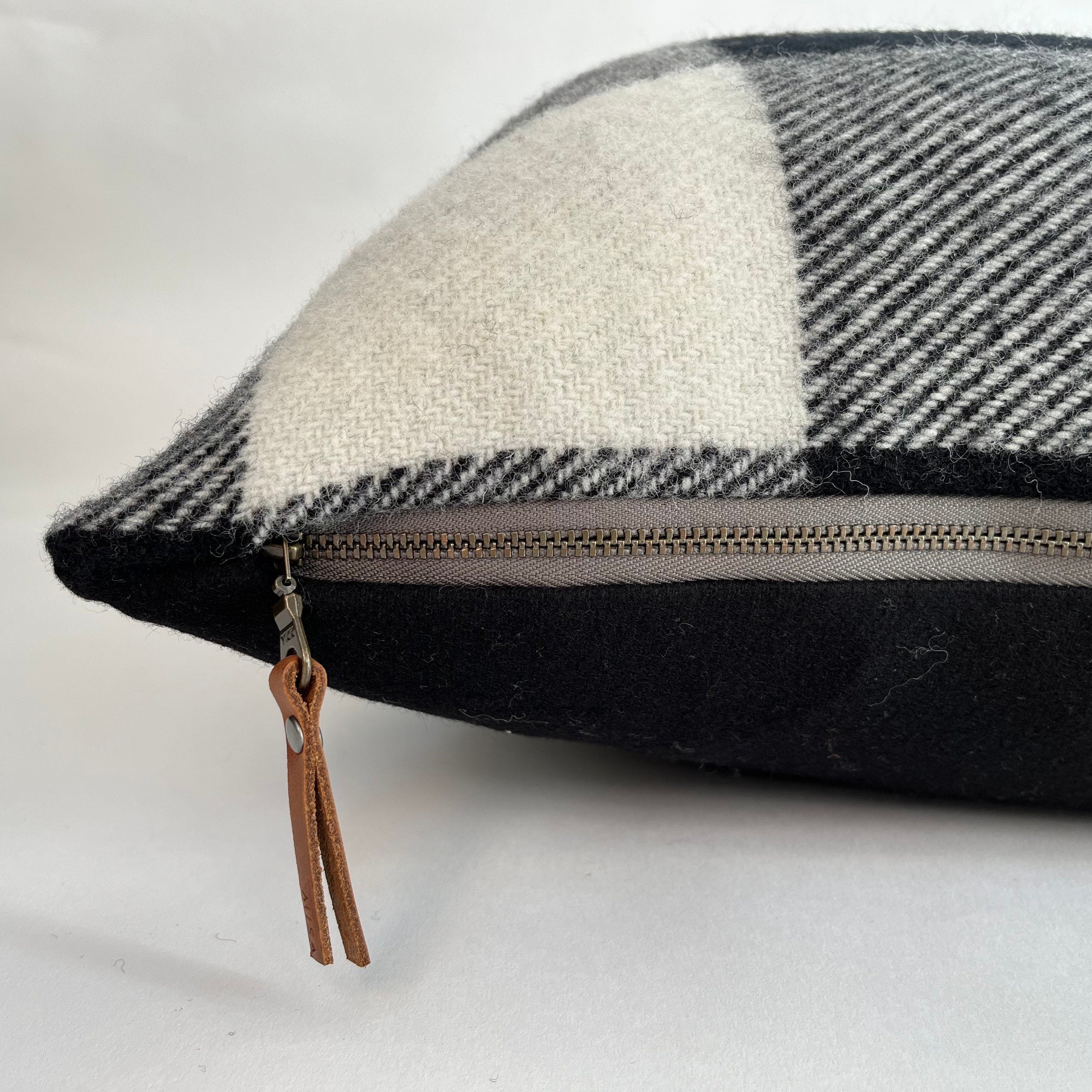 Black and cream plaid pillow cover buffalo plaid exposed zipper-leather pull 14x24 20" 22" 24" handmade