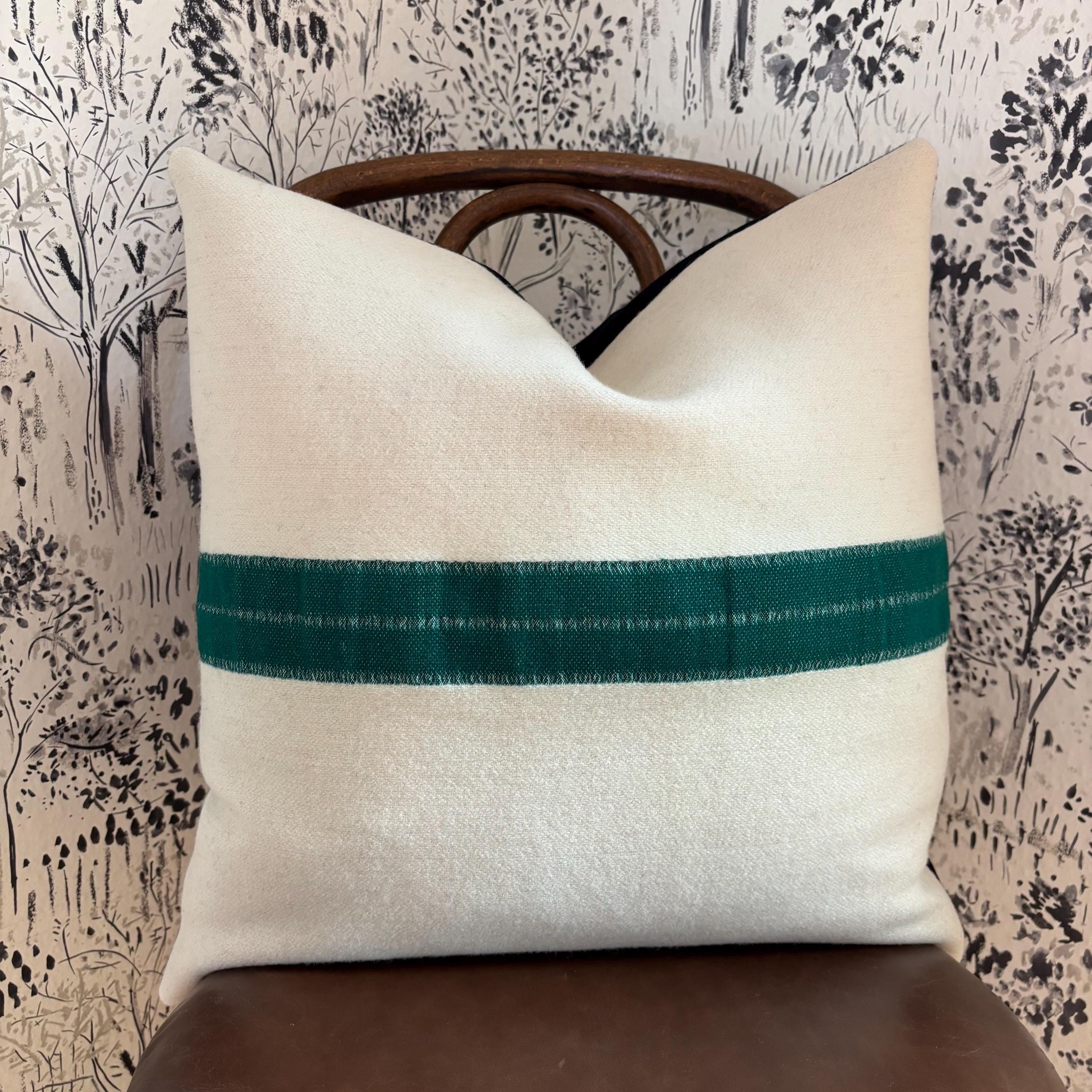 Handcrafted Cream Wool Pillow: Green Stripe, Leather Zipper Pull
