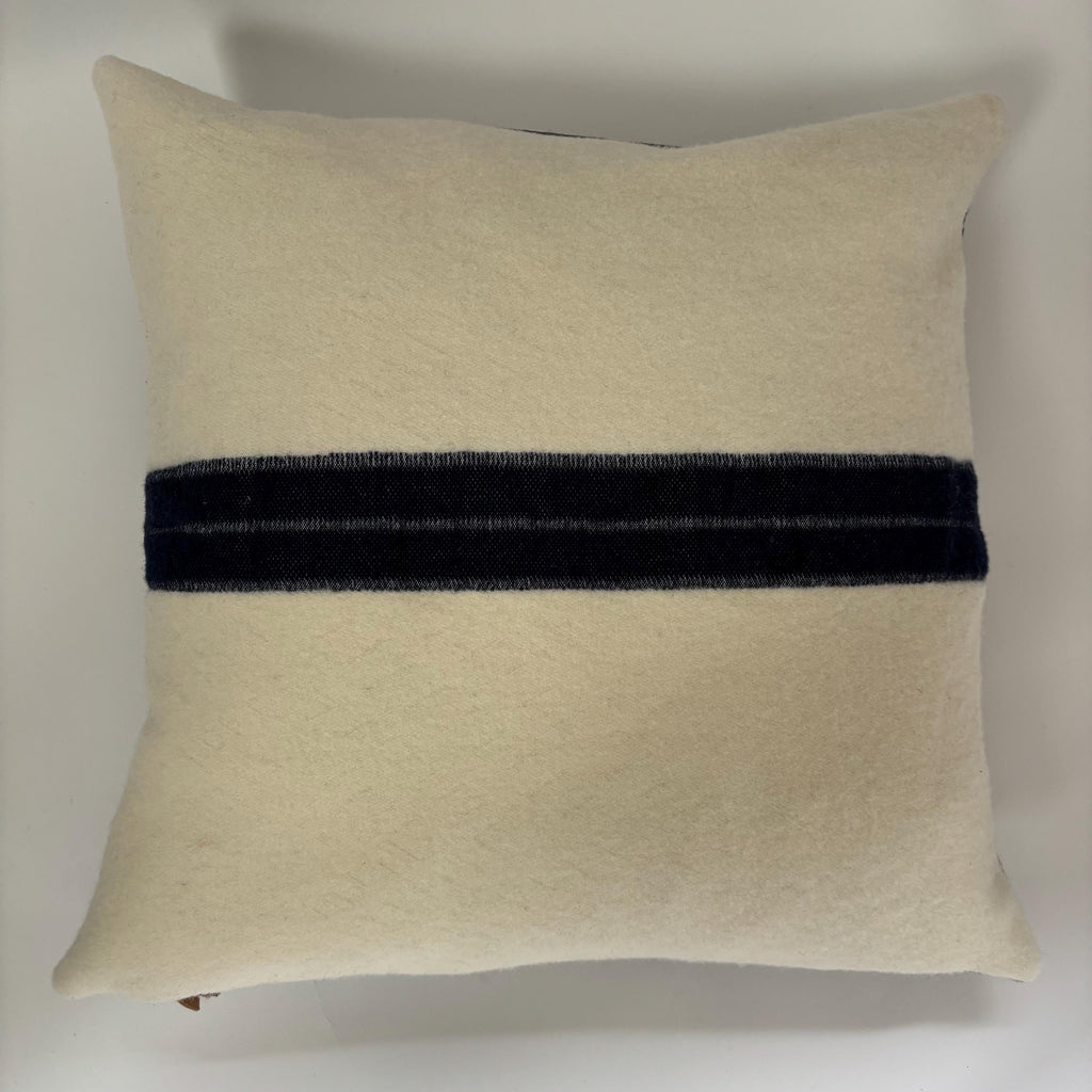 Cream & Blue Stripe wool pillow cover, Leather Zipper Pull (18x18)