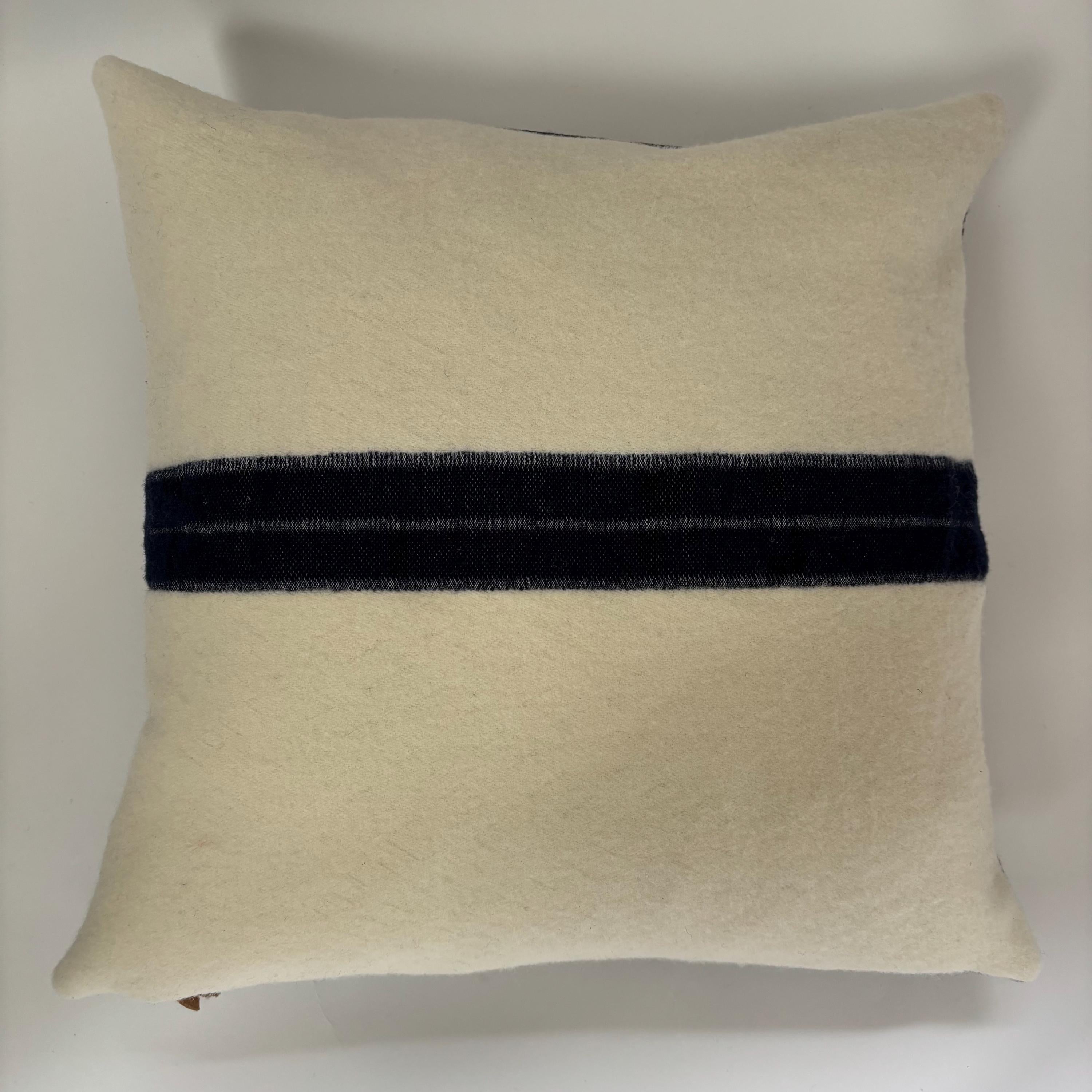 Cream & Blue Stripe wool pillow cover, Leather Zipper Pull (18x18)