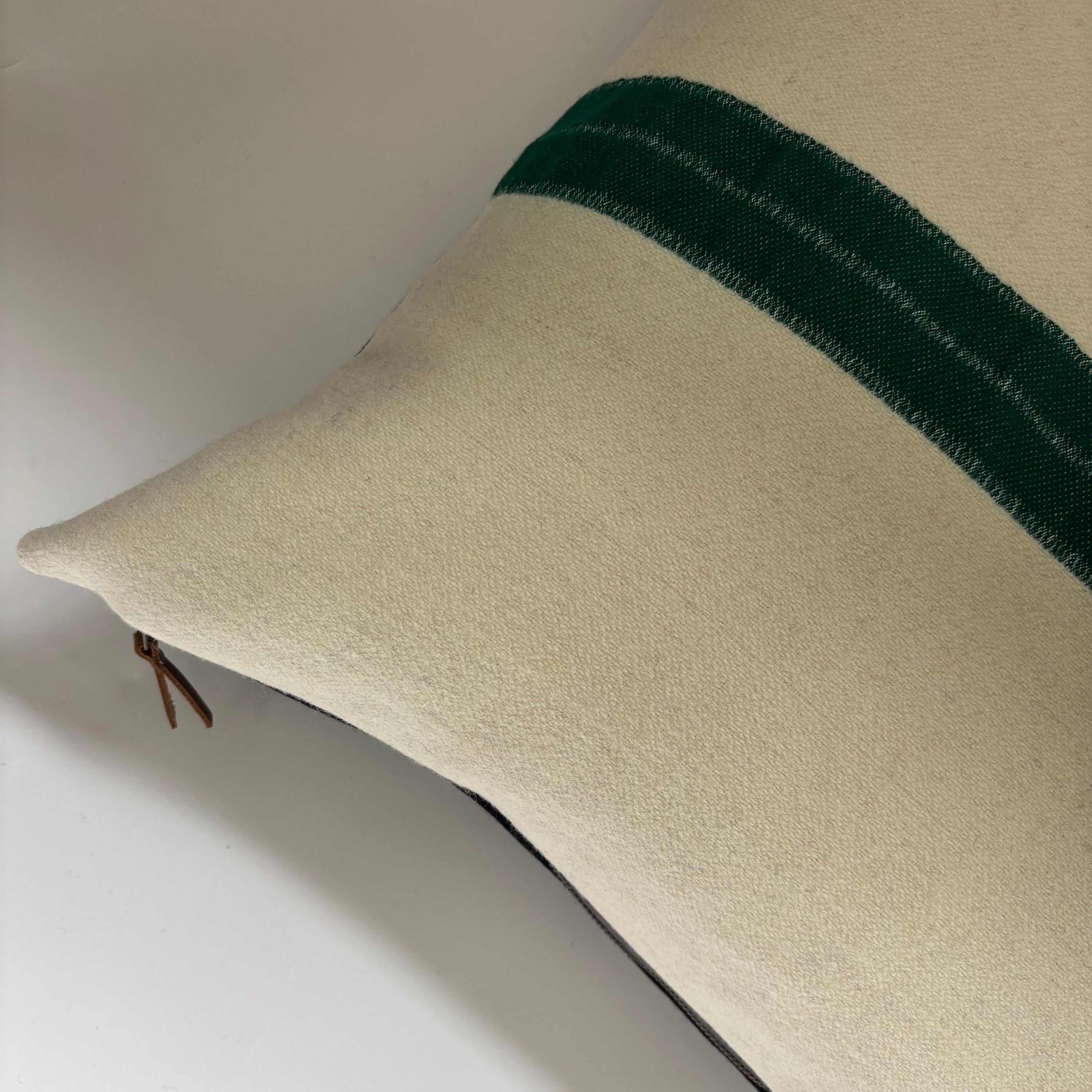 Handcrafted Cream Wool Pillow: Green Stripe, Leather Zipper Pull