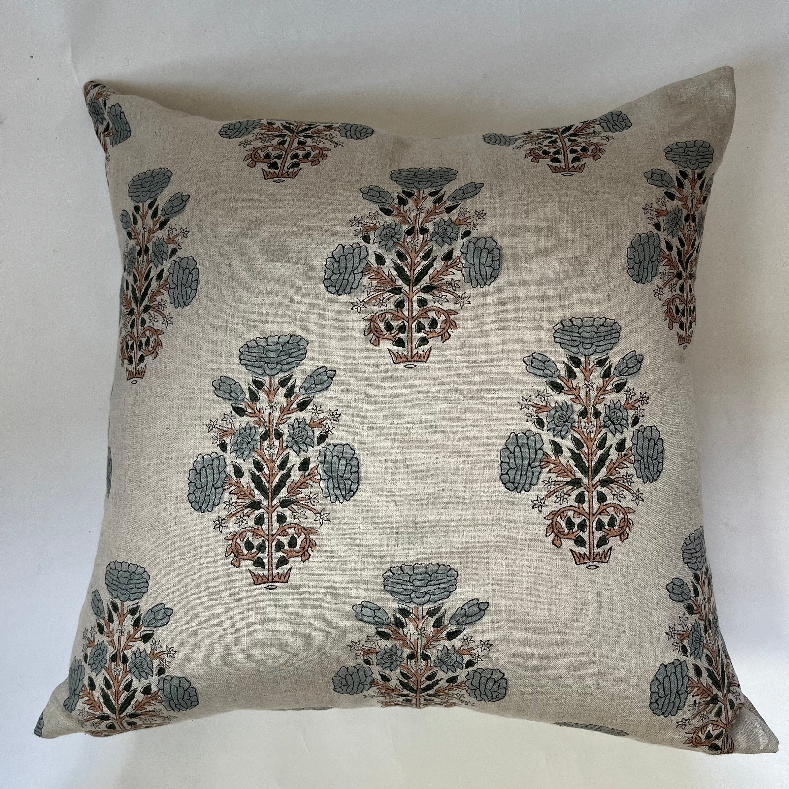 Blue Floral Linen Pillow Cover: Exposed Zipper, Leather Pull