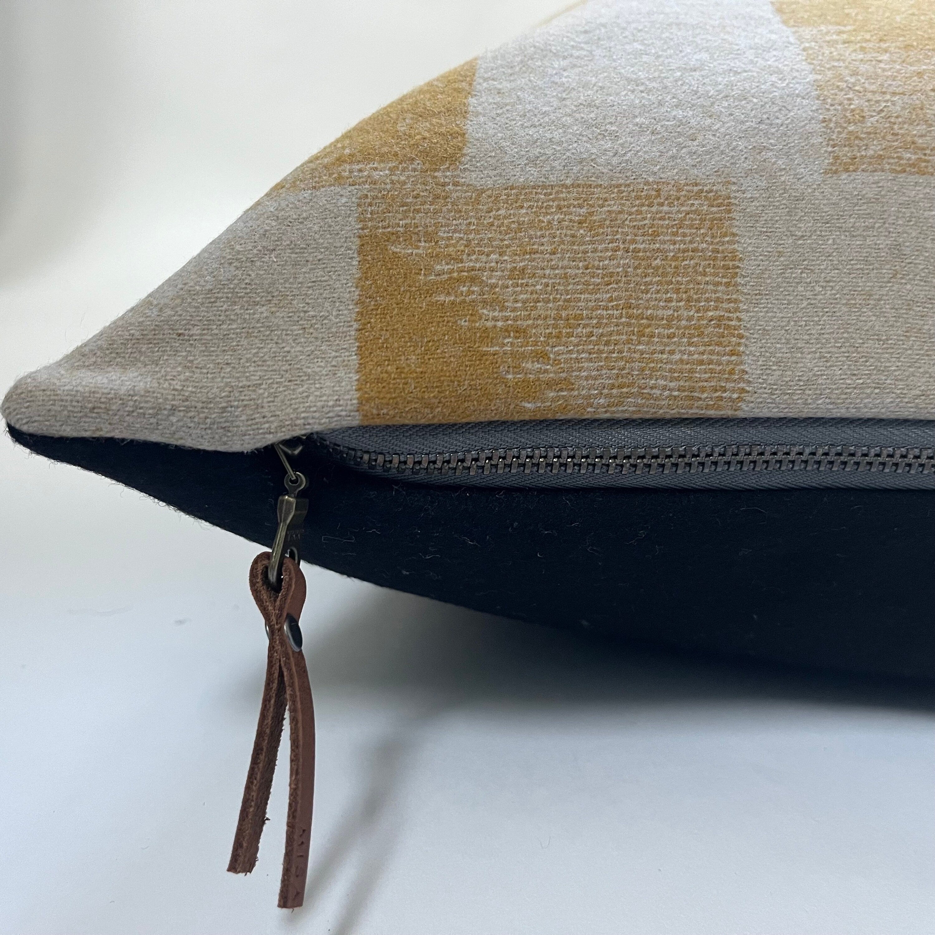 gold and tan wool pillow cover exposed zipper-leather pull 24x24 22x22" 20x20 14x24 handmade with housewarming gift