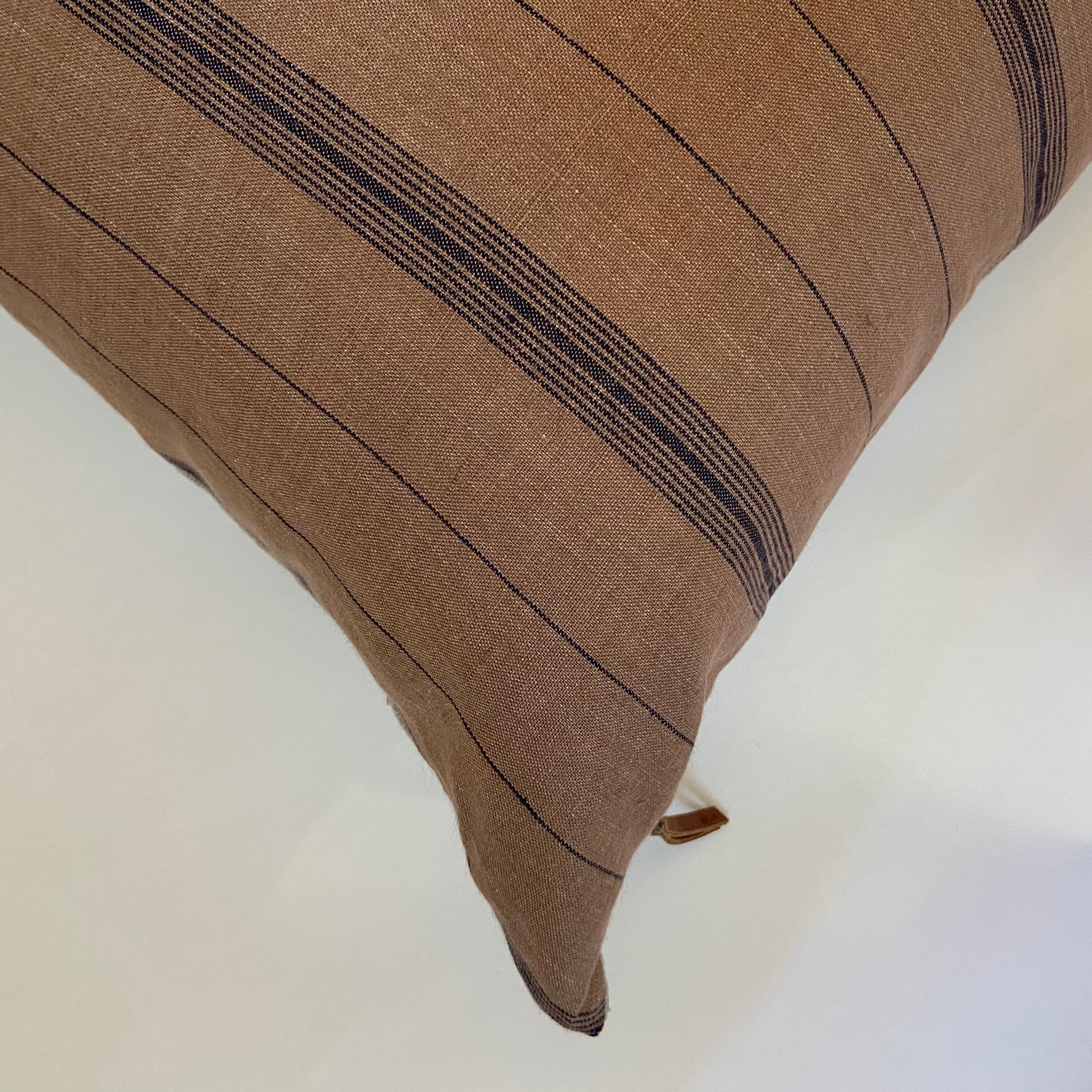 Striped Linen Pillow Cover: Navy Blue and Brown with Leather Pull
