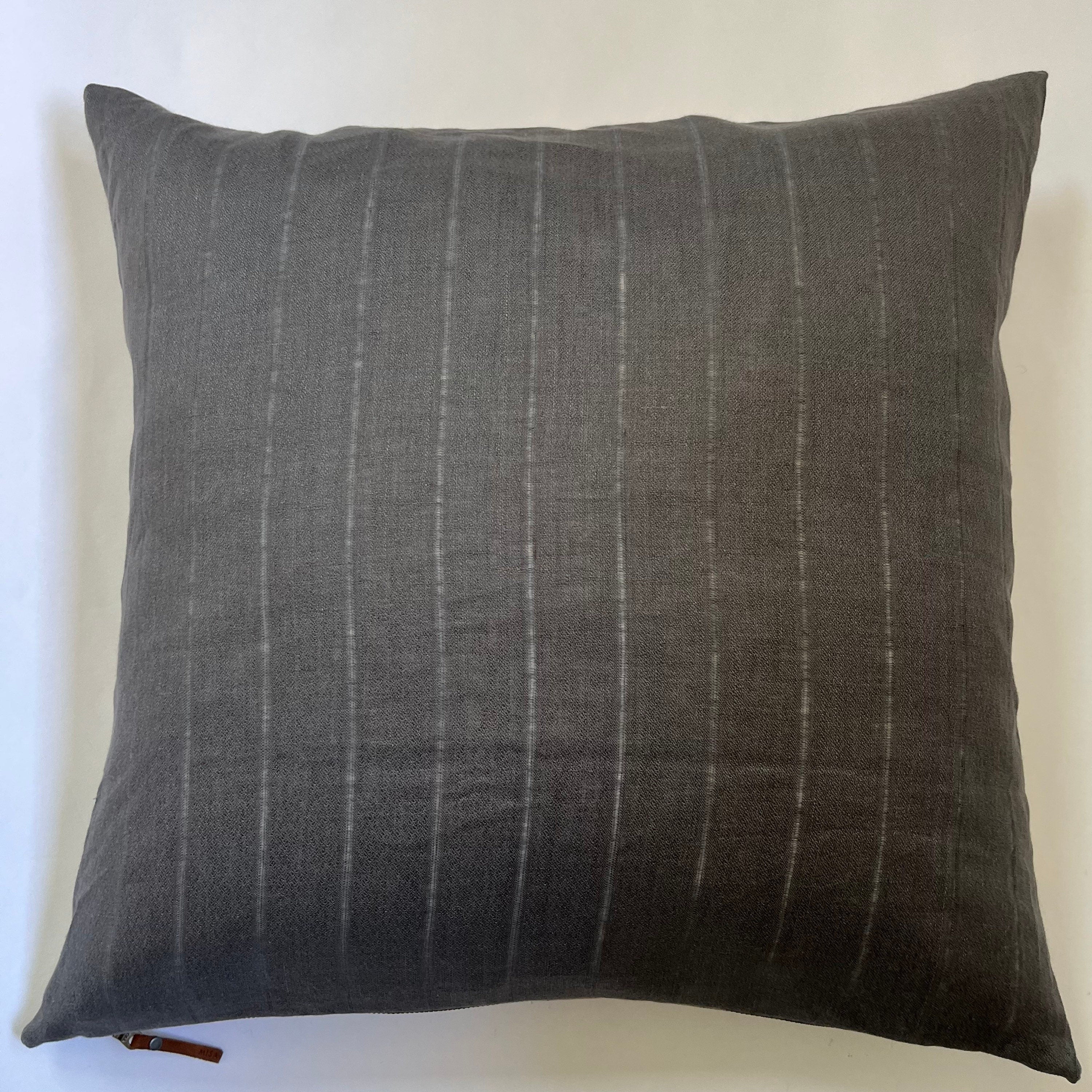 gray striped linen pillow gray pillow exposed zipper leather pull 24”20” 22"14x24” 100% linen housewarming gift