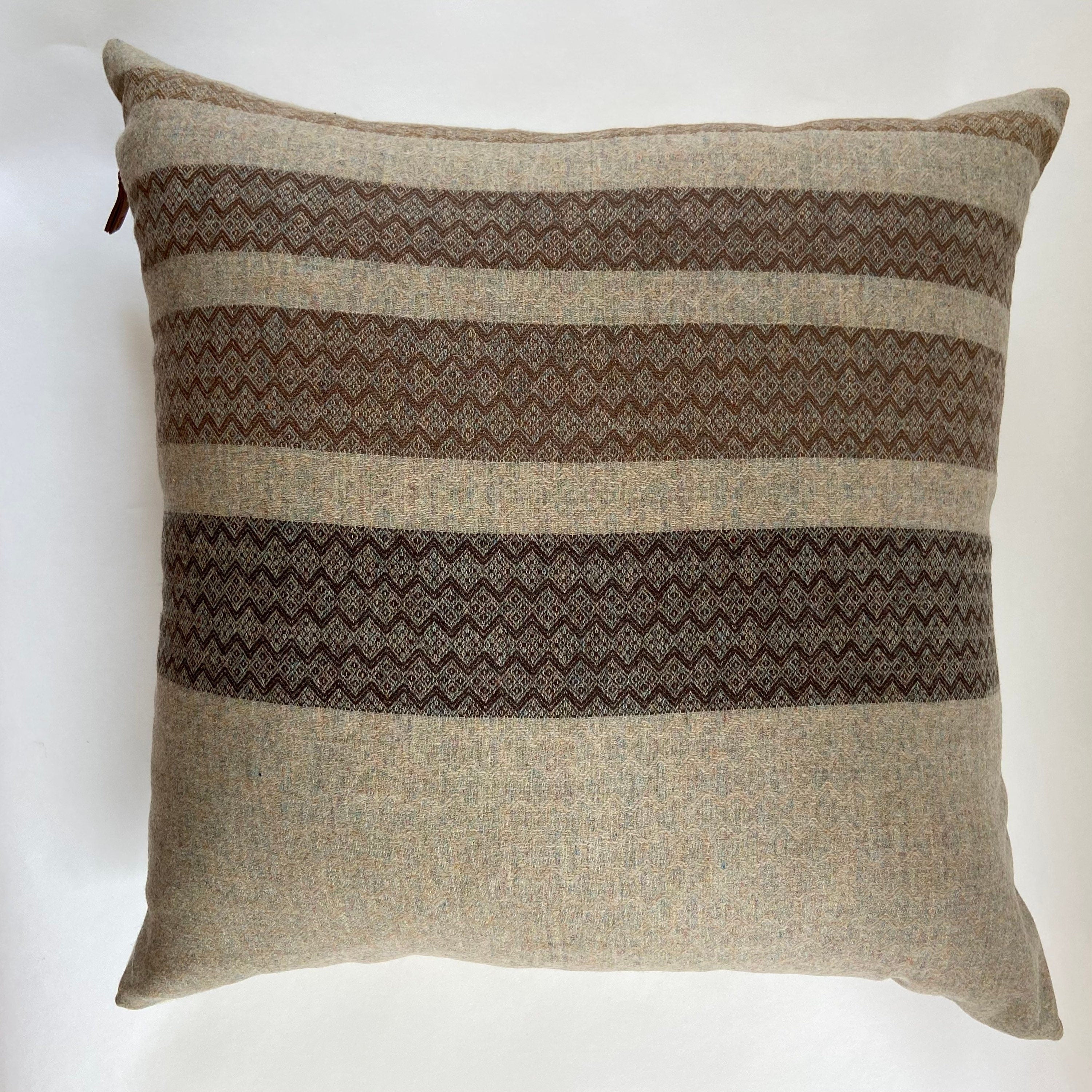 Brown pillow cover brown wool striped pillow exposed zipper leather pull 20”22" 24” 14x24” cream wool handmade