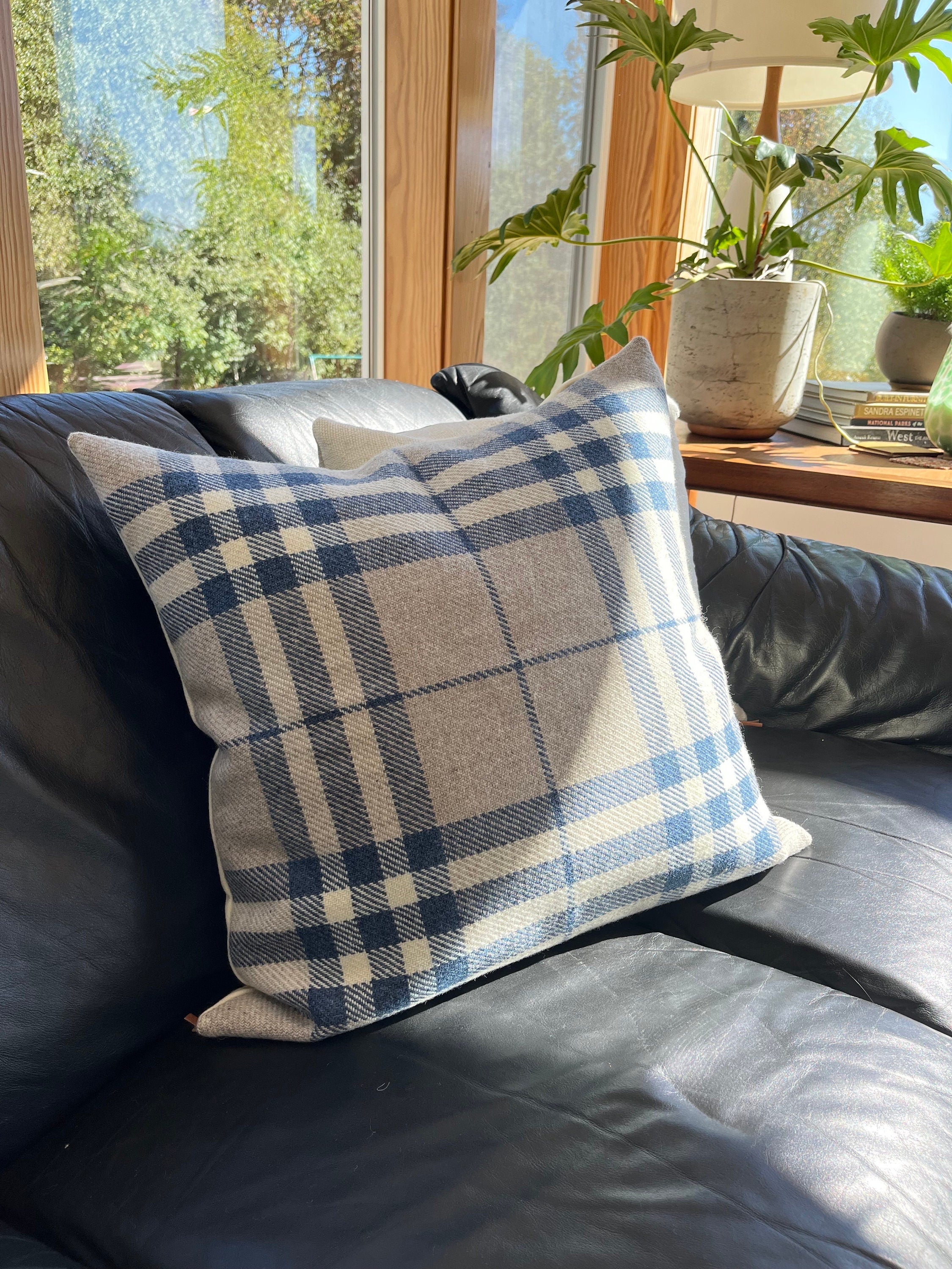 Blue and tan plaid wool pillow cover blue checked exposed zipper-leather pull 20” 22” 24” 14x24 handmade