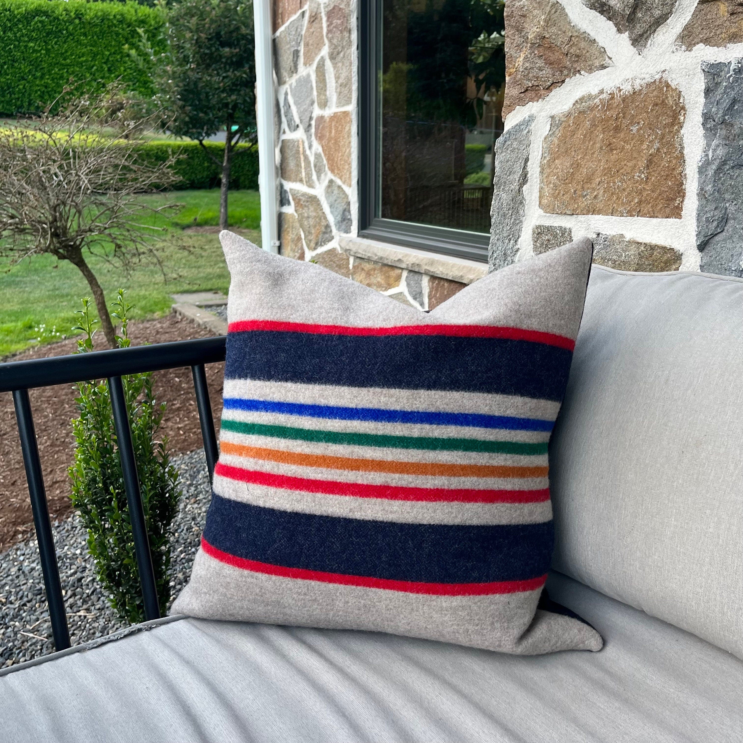 Multicolored striped wool pillow cover Yellowstone wool exposed zipper-leather pull 20x20 handmade house warming gift