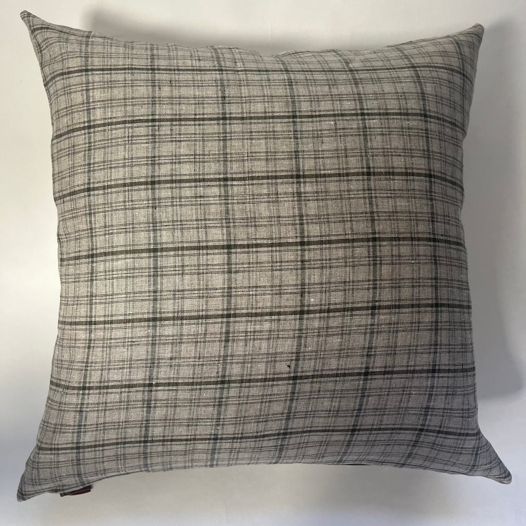Plaid Linen Pillow Cover: Tan Green Throw Pillow with Leather Pull