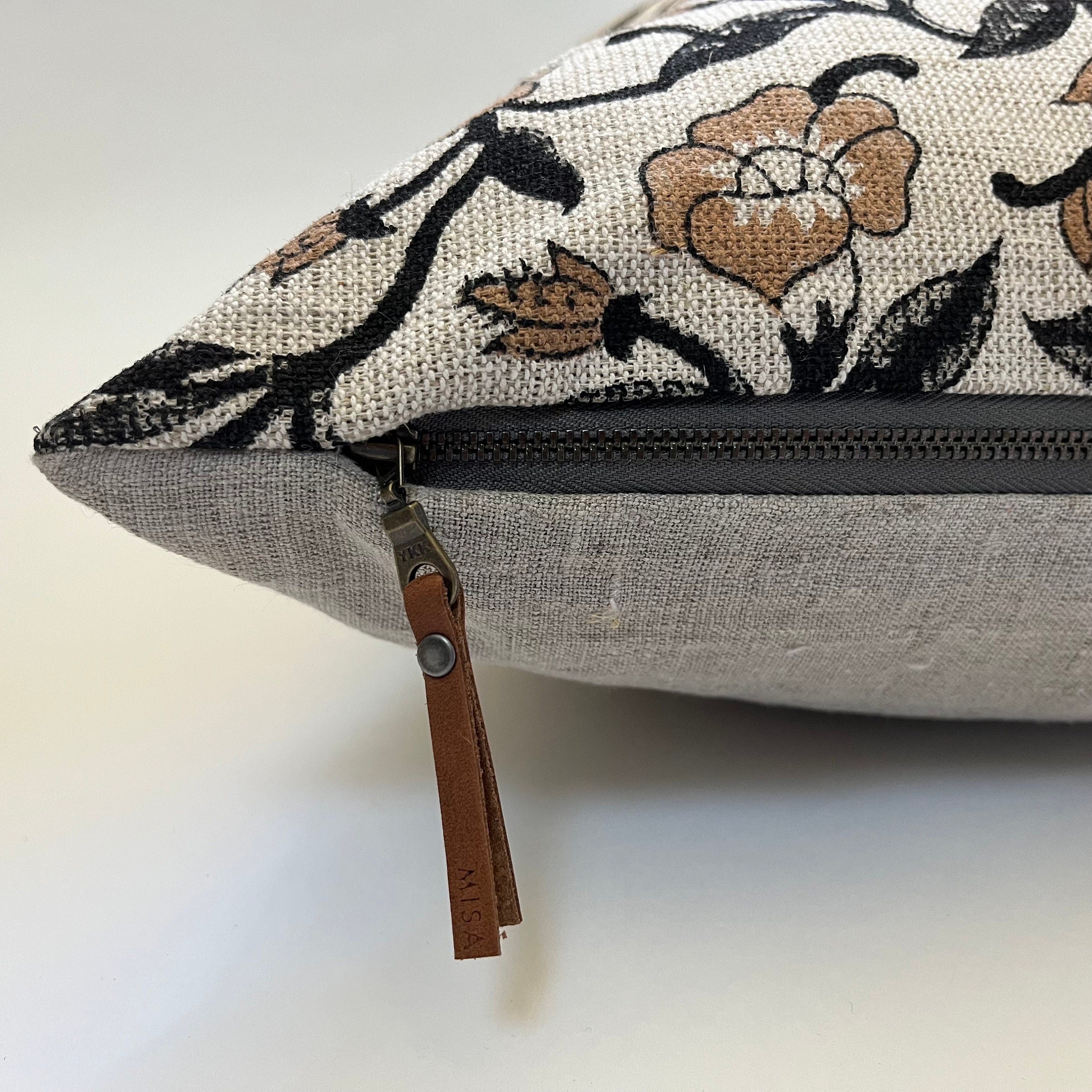Black and tan floral linen pillow cover exposed zipper-leather pull  14x24 20”22"24” high quality floral pillow