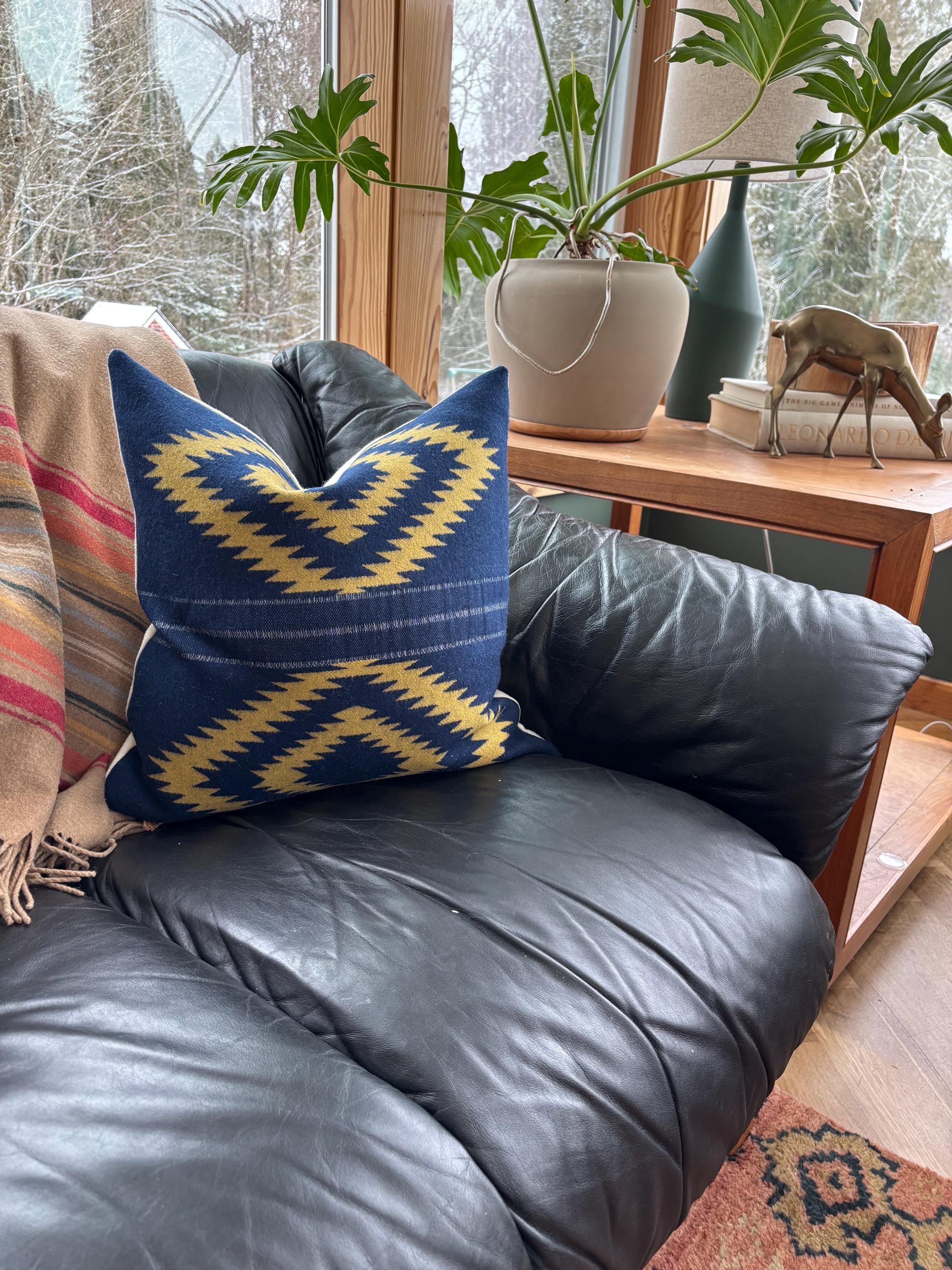 Wool Pillow Cover: Blue Yellow Aztec Southwestern, 18x18”