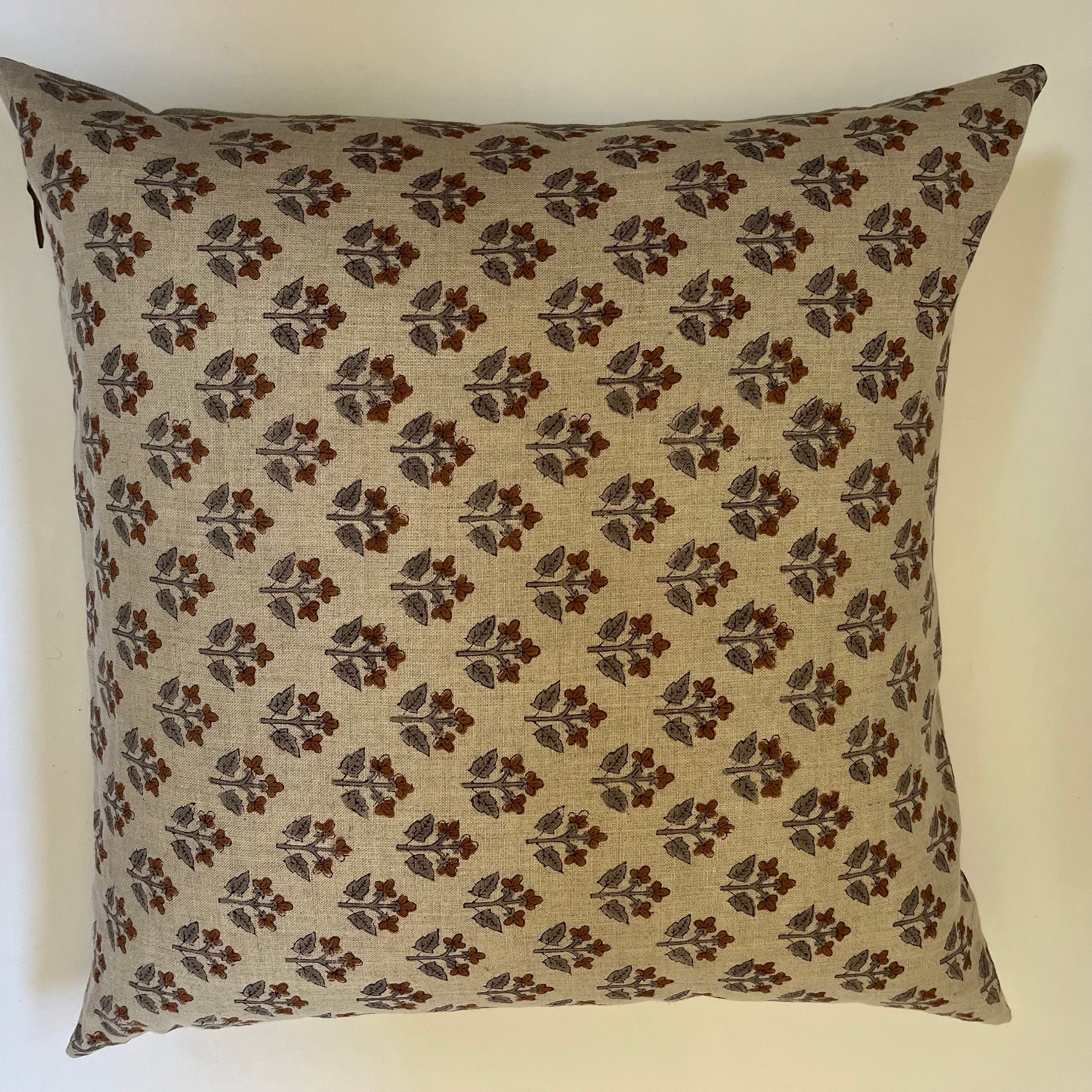 Gray and brown floral linen pillow cover exposed zipper-leather pull  14x24 20”22"24” high quality floral pillow
