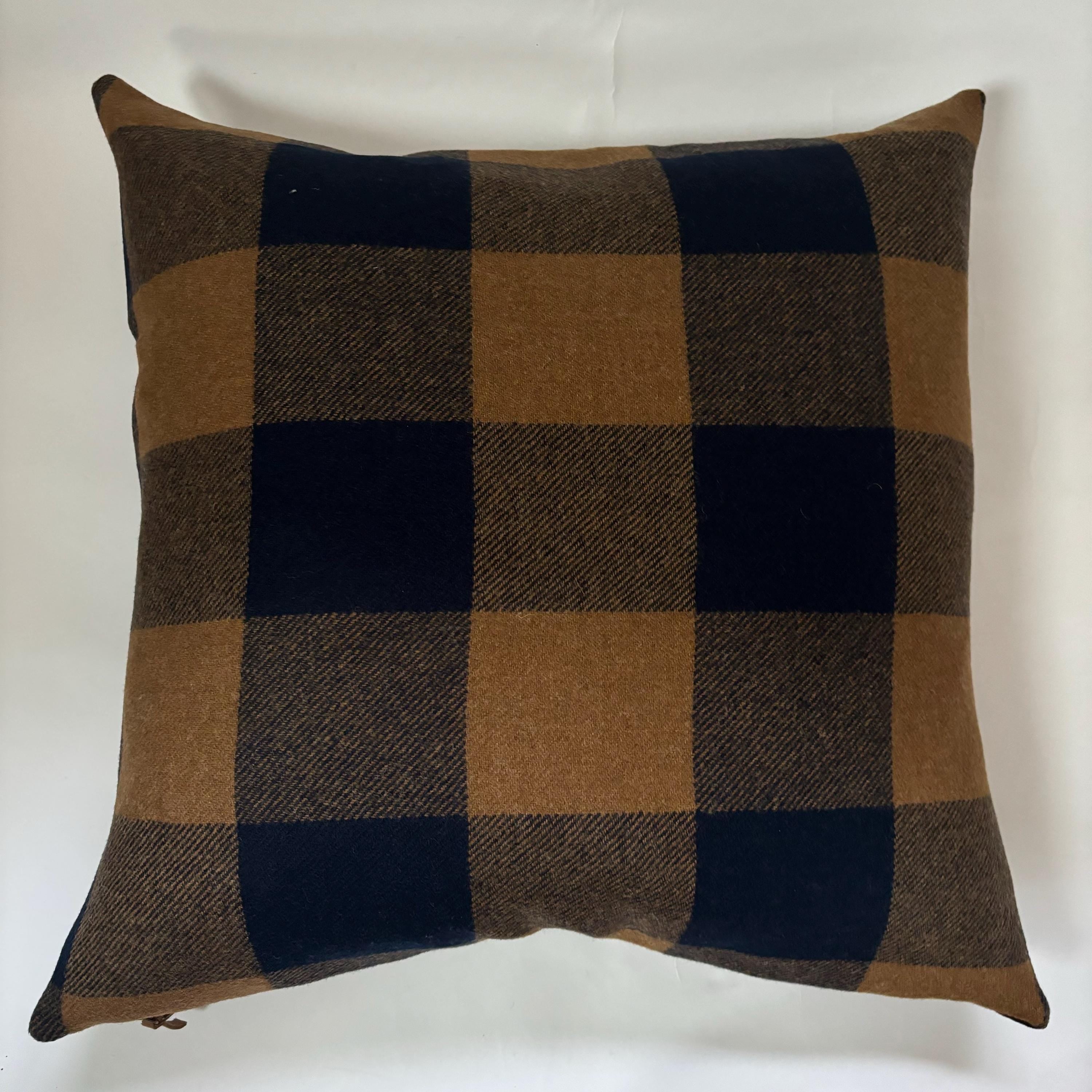Wool Pillow Cover: Brown Blue Plaid with Leather Zipper Pull