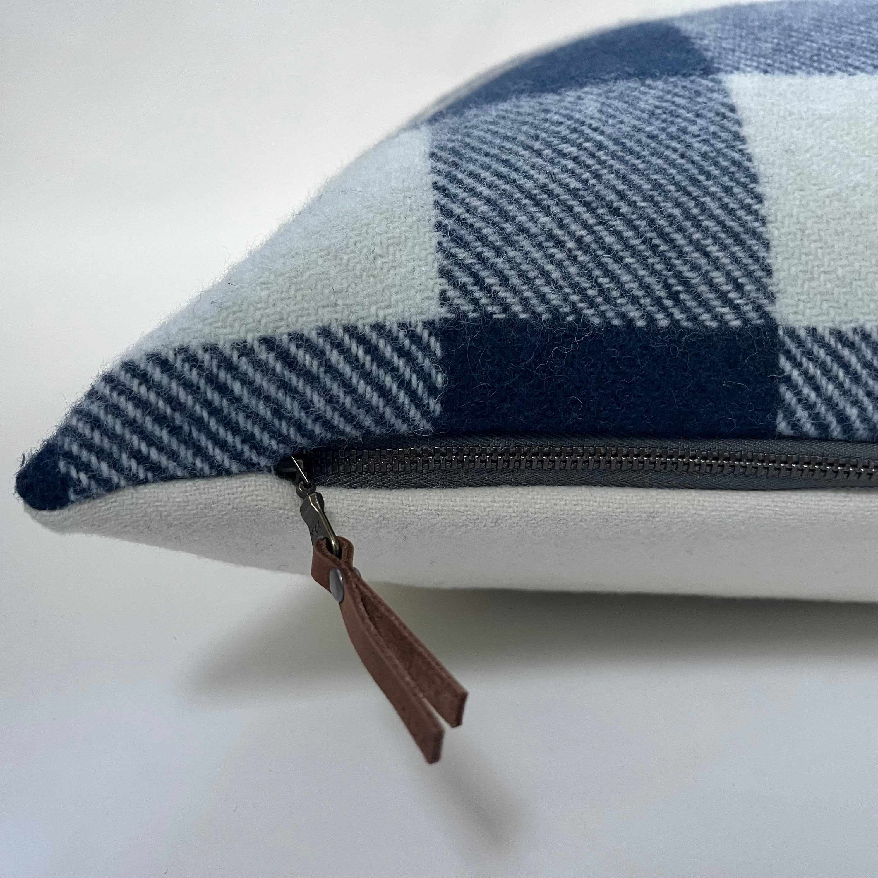 Blue and cream plaid pillow cover buffalo plaid exposed zipper-leather pull 14x24 20x20 24x24 handmade