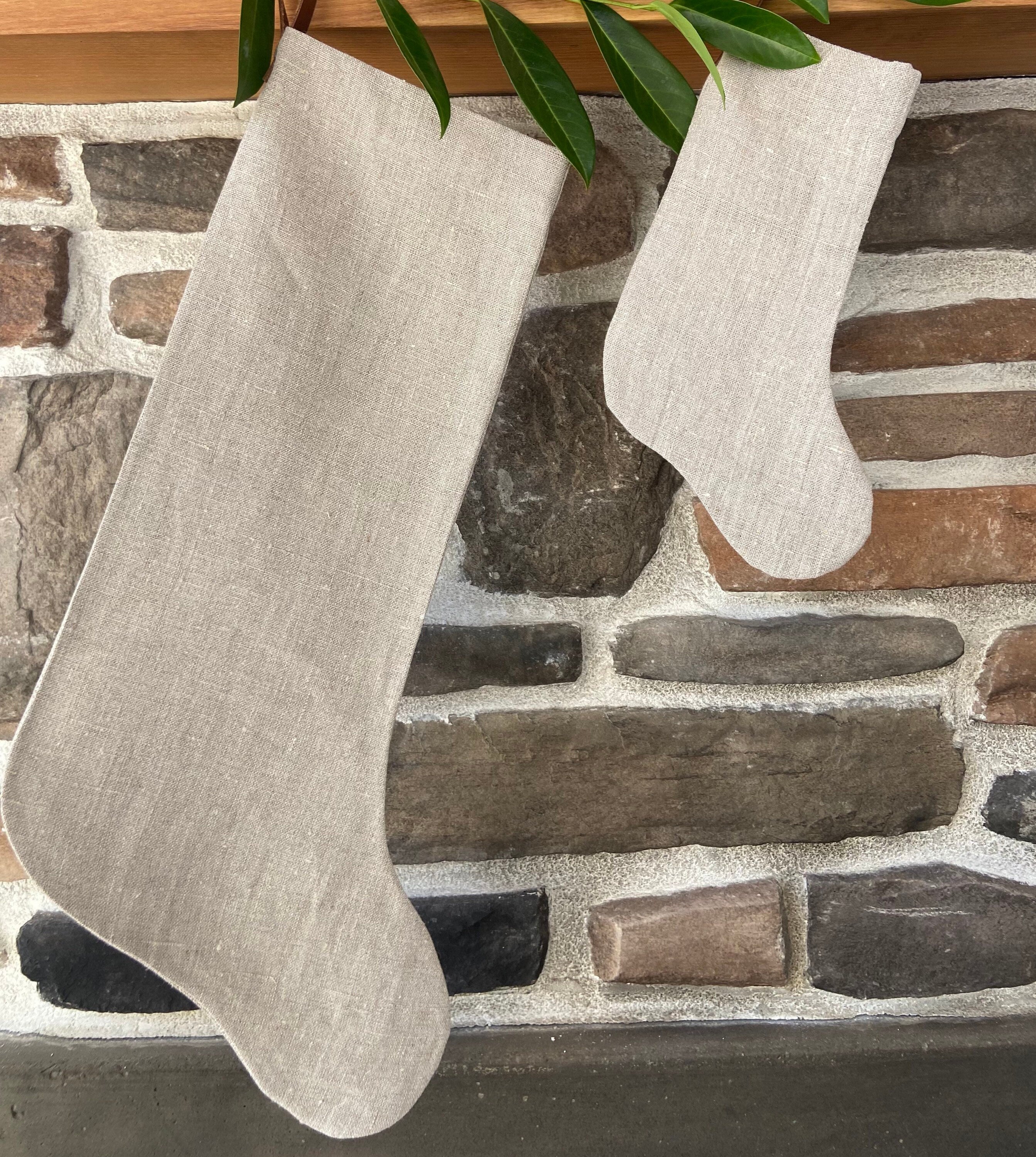 Christmas stocking natural linen tan neutral linen leather hanging tabs handmade and hand stitched |high quality many available