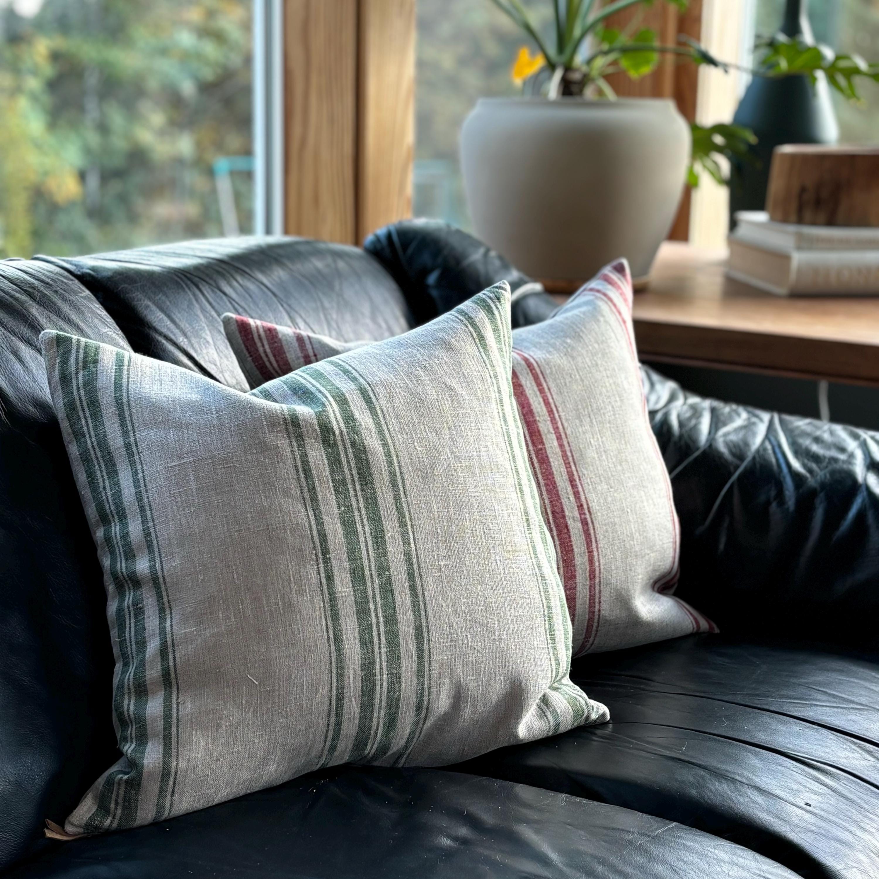 Green Striped Linen Pillow Cover: 18x18 Throw Pillow with Leather Pull
