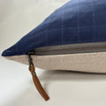 Navy Checked Linen Pillow Cover: Exposed Zipper, Leather Pull