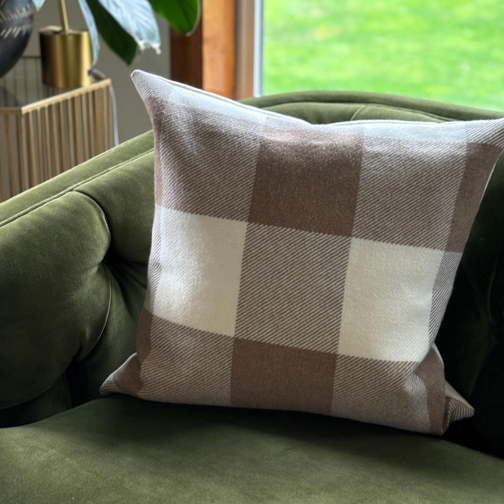 Tan and cream plaid wool Pillow Cover with Leather Pull housewarming gift