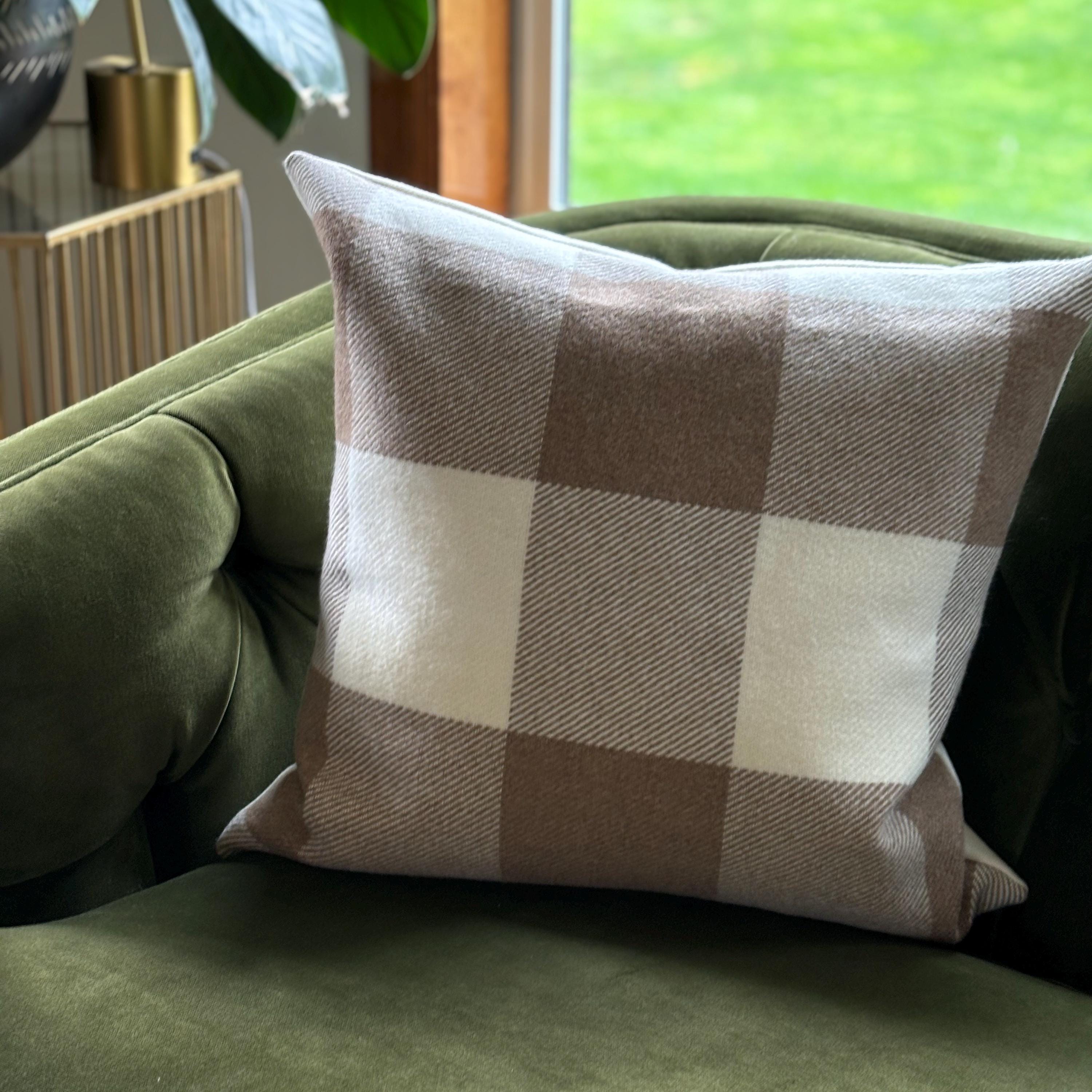 Tan and cream plaid wool Pillow Cover with Leather Pull housewarming gift