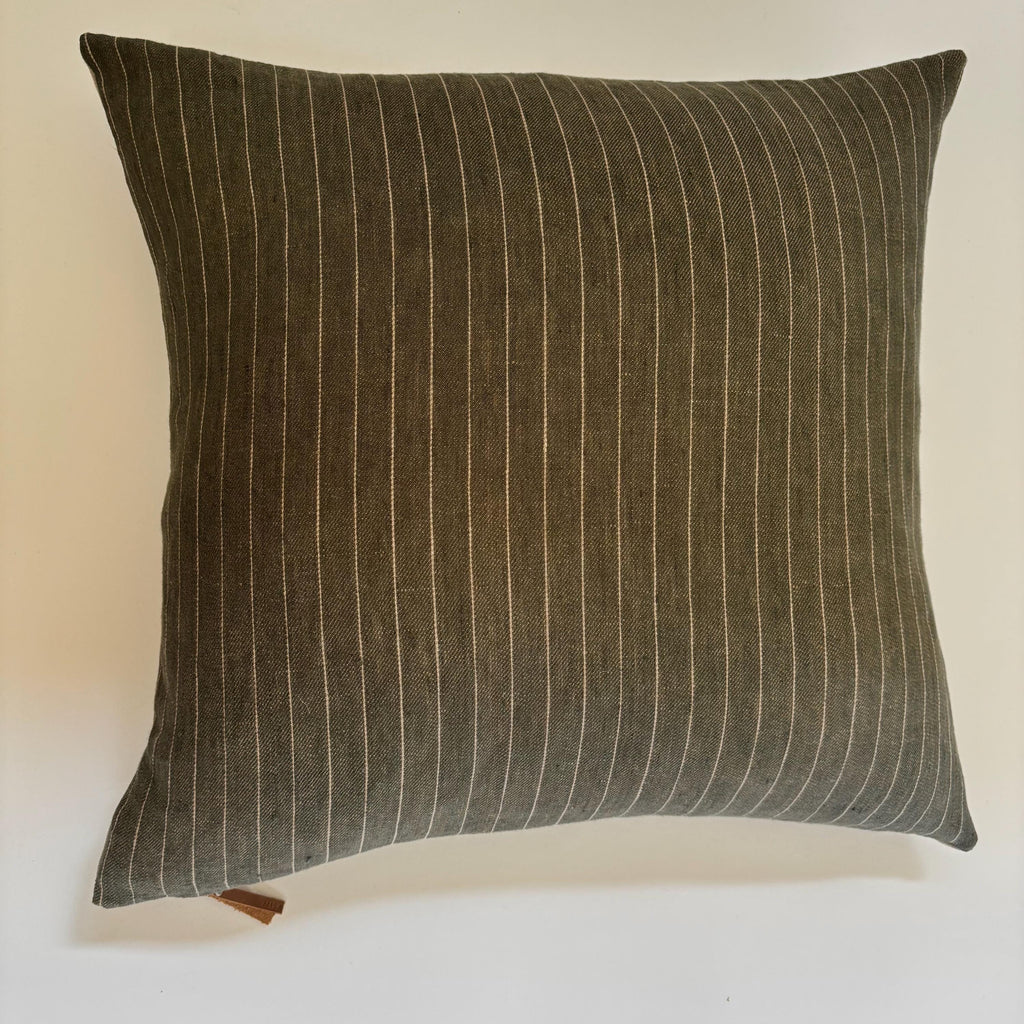 Striped Linen Pillow Cover: Green and tan with Leather Zipper Pull housewarming gift 18”20”22”24” 100 percent linen