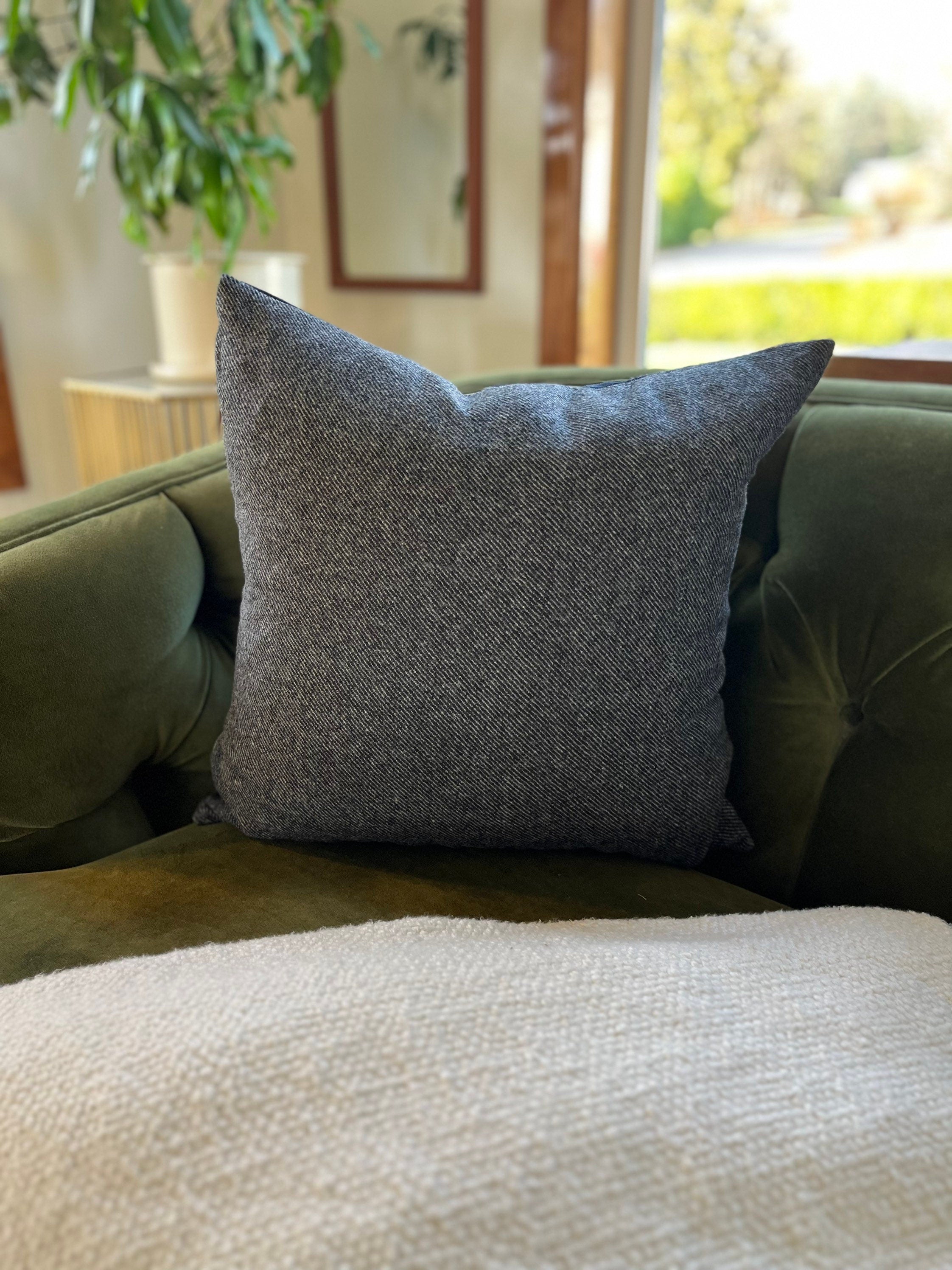 Black and white pinstriped wool pillow cover exposed zipper-leather pull 24"22"20" 14x24 handmade