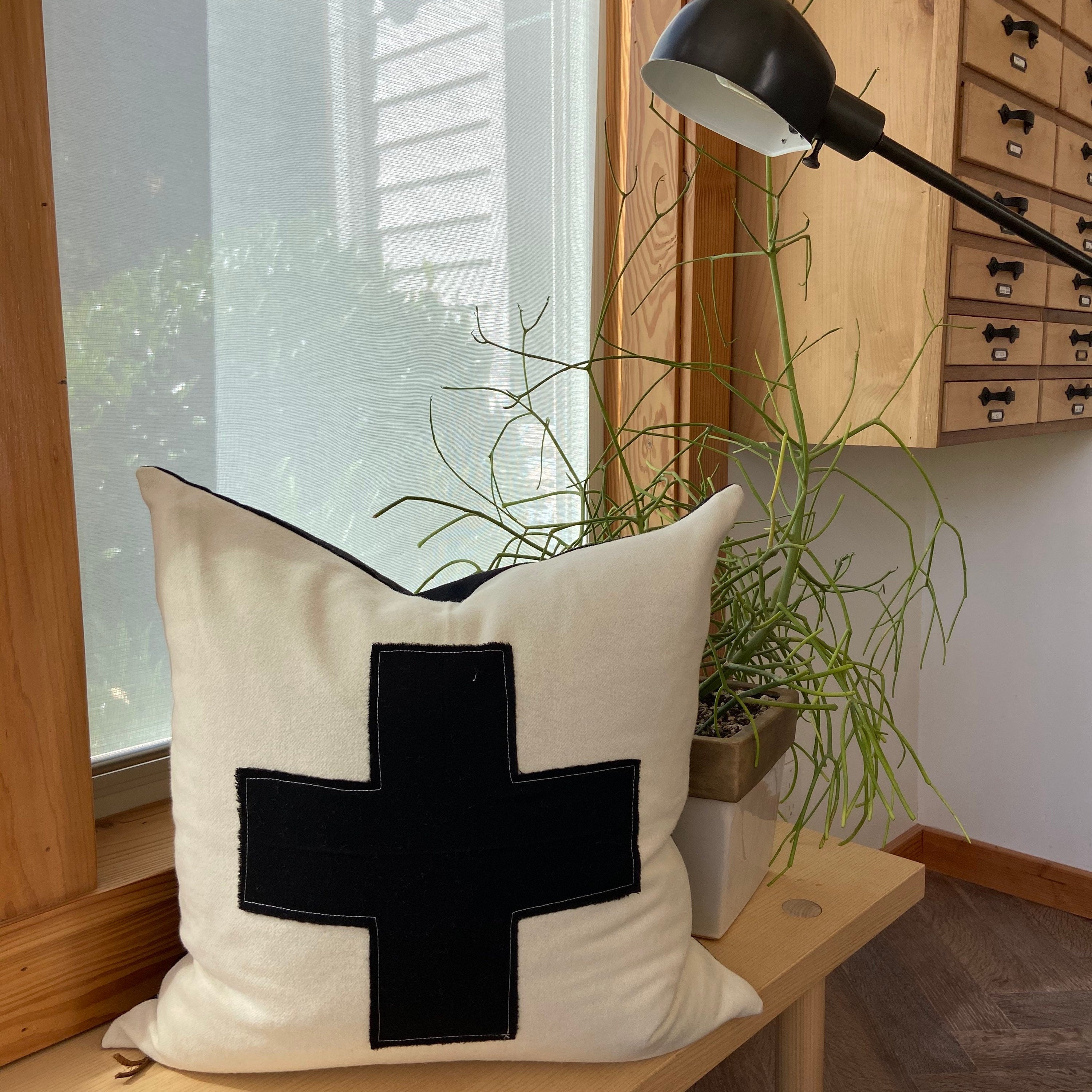 Swisscross wool pillow cover cream with black cross exposed zipper-leather pull 20x20 or 24x14 lumbar