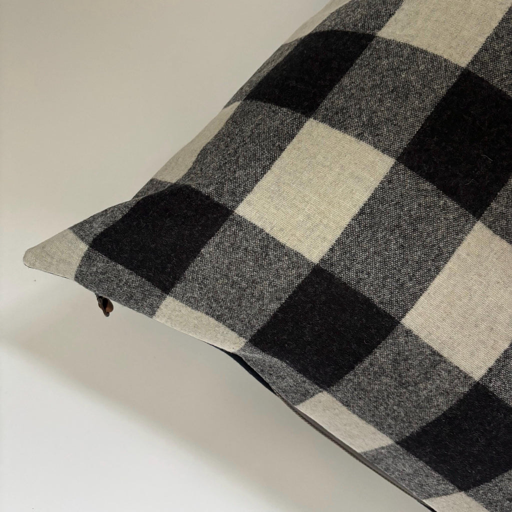 Wool Pillow Cover: Black Cream Plaid Checkered Throw Pillow