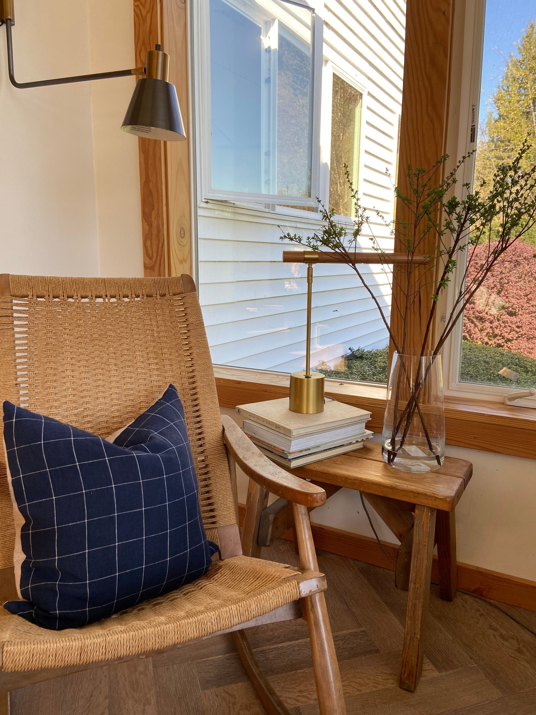 Navy and white checked linen pillow cover exposed zipper-leather pull 18x18 14x24 20x20 22x22 24x24 high quality housewarming gift