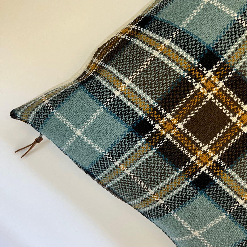 Blue black and gold plaid wool pillow cover exposed zipper-leather pull  24"22”20"14x24" handmade