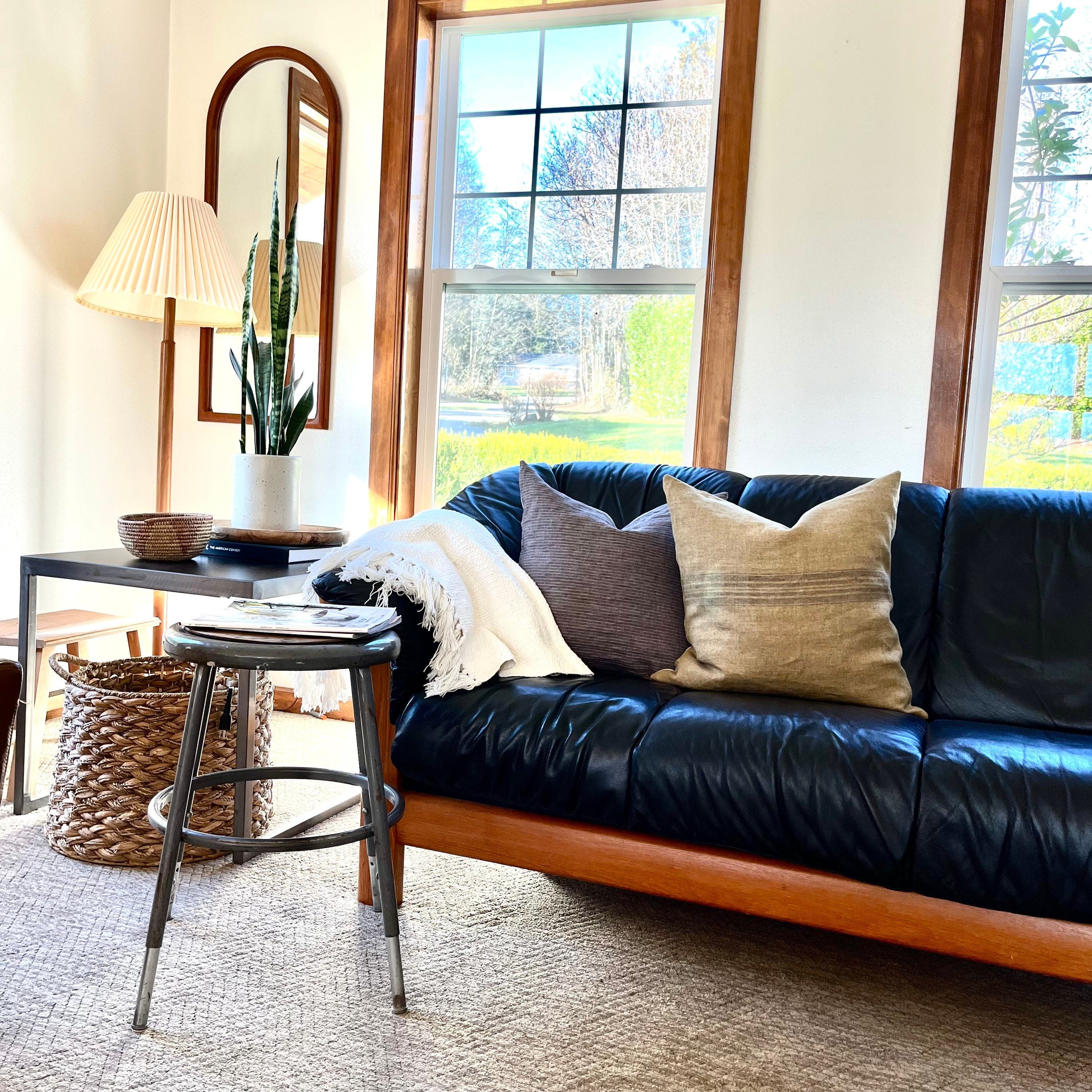 Gold with brown striped linen pillow cover 100% linen pillow exposed zipper-leather pull 14x24 20x20 high quality housewarming gift