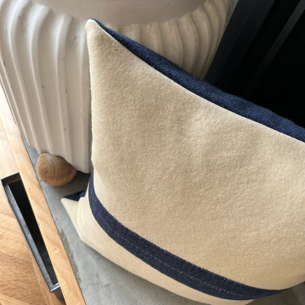 Cream wool pillow with blue stripe 18x18 exposed zipper pillow housewarming gift