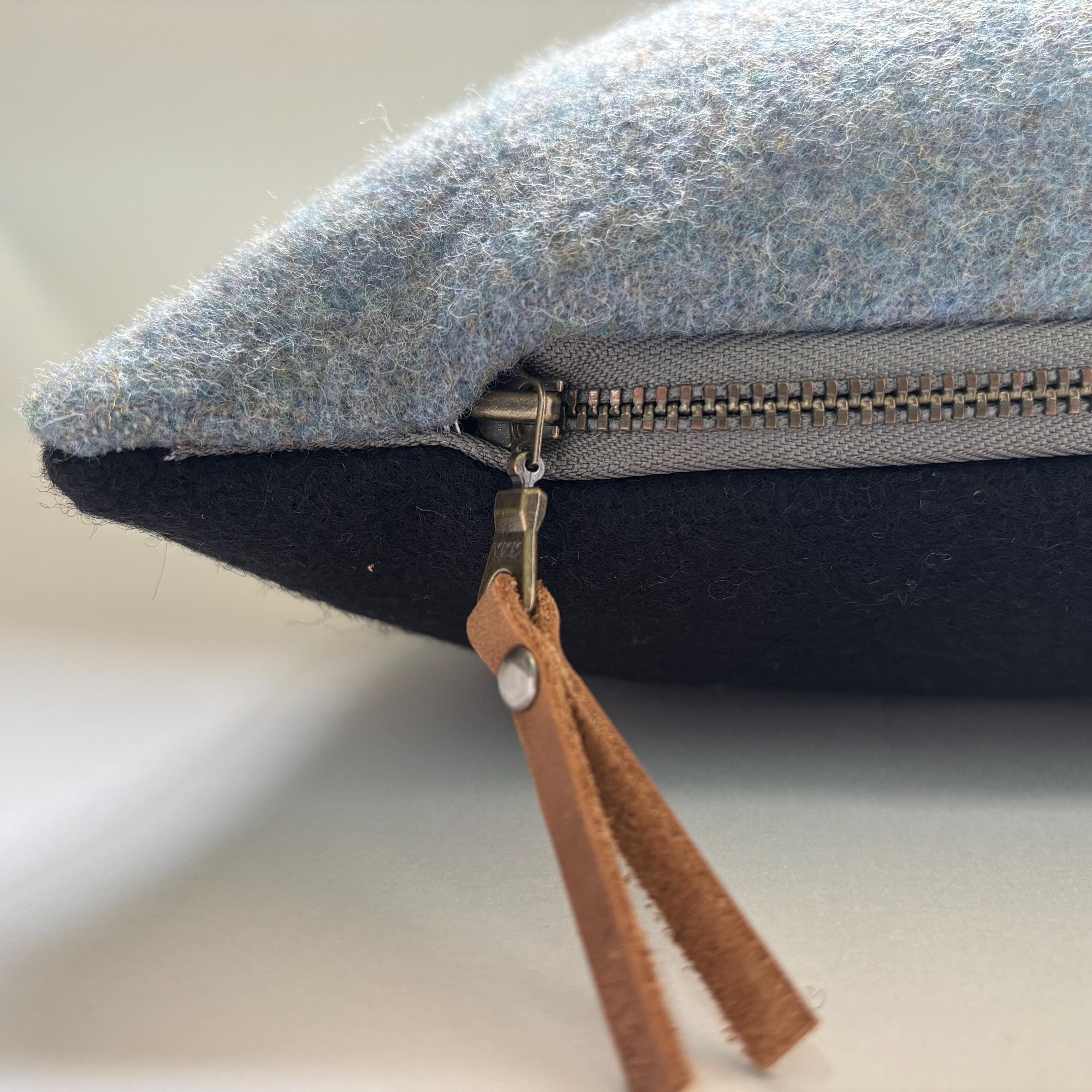 Blue striped wool pillow 18x18 exposed zipper with a leather pull housewarming winter pillow