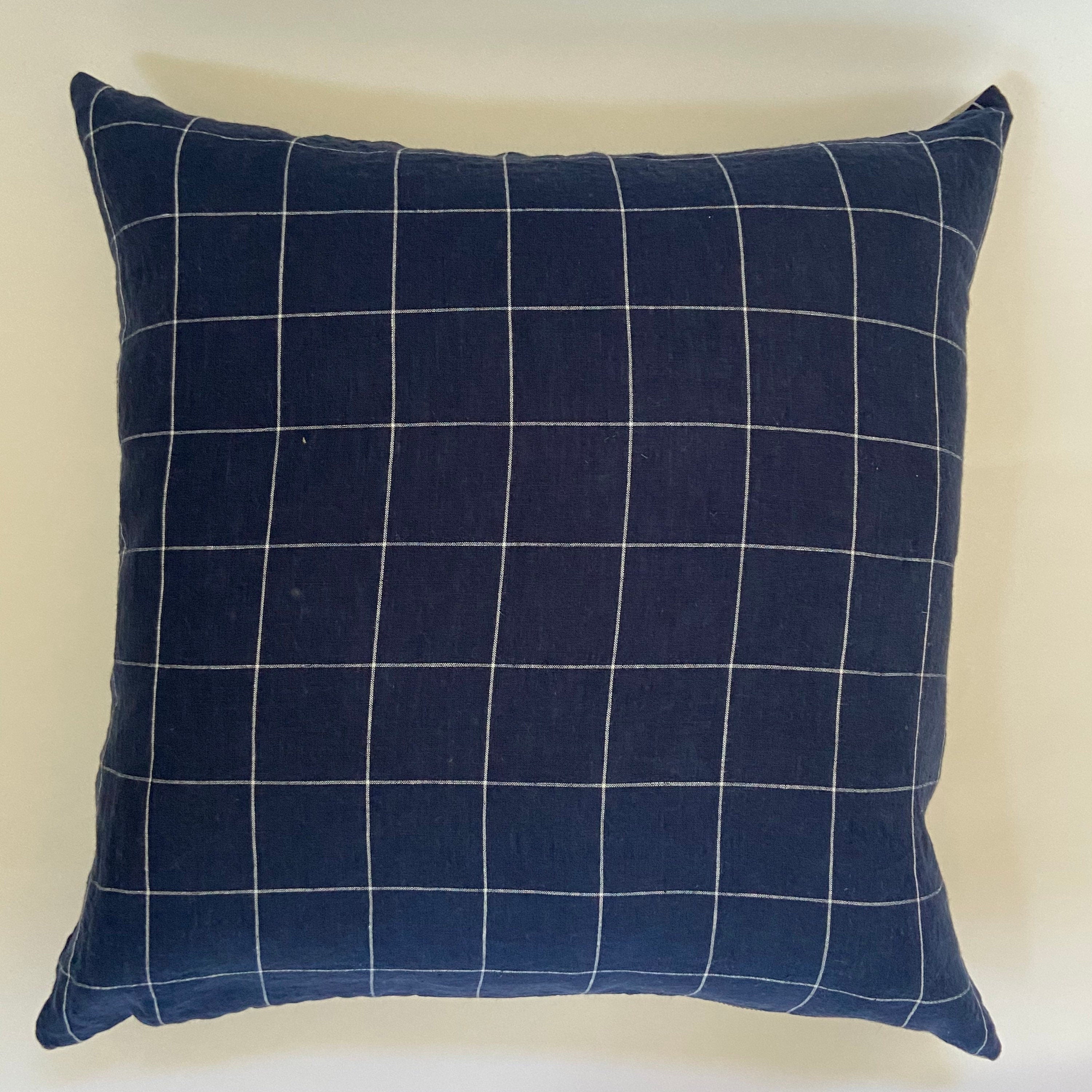 Navy and white checked linen pillow cover exposed zipper-leather pull 18x18 14x24 20x20 22x22 24x24 high quality housewarming gift