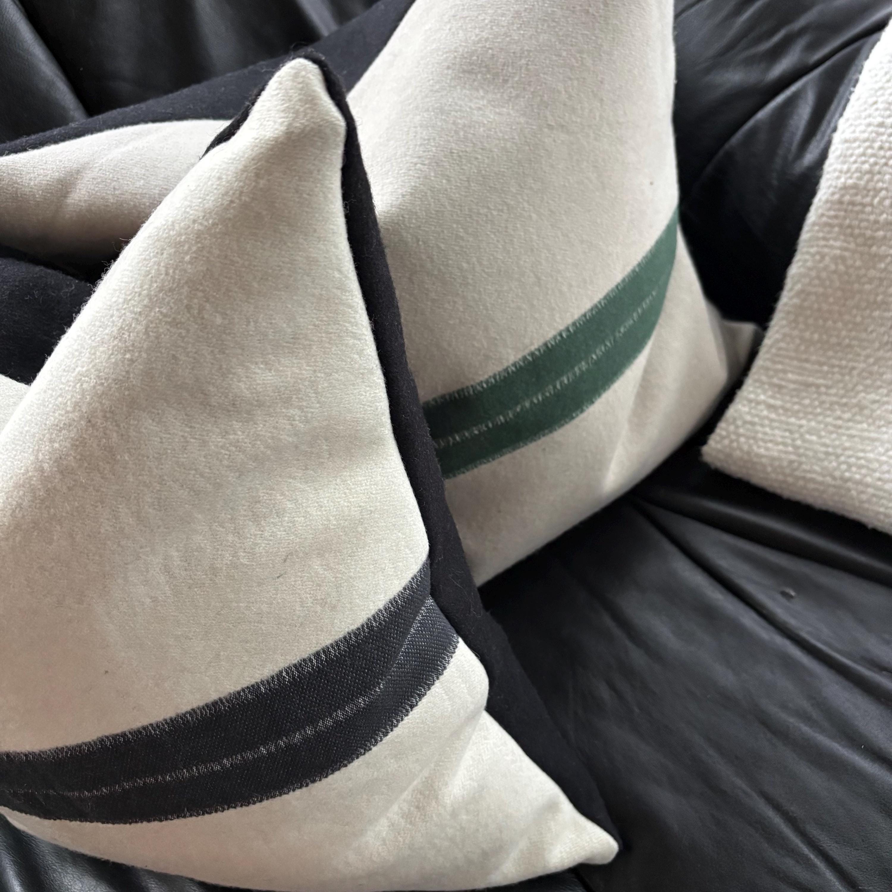 Gray wool pillow with green stripe 20” winter wool exposed zipper striped pillow housewarming gift