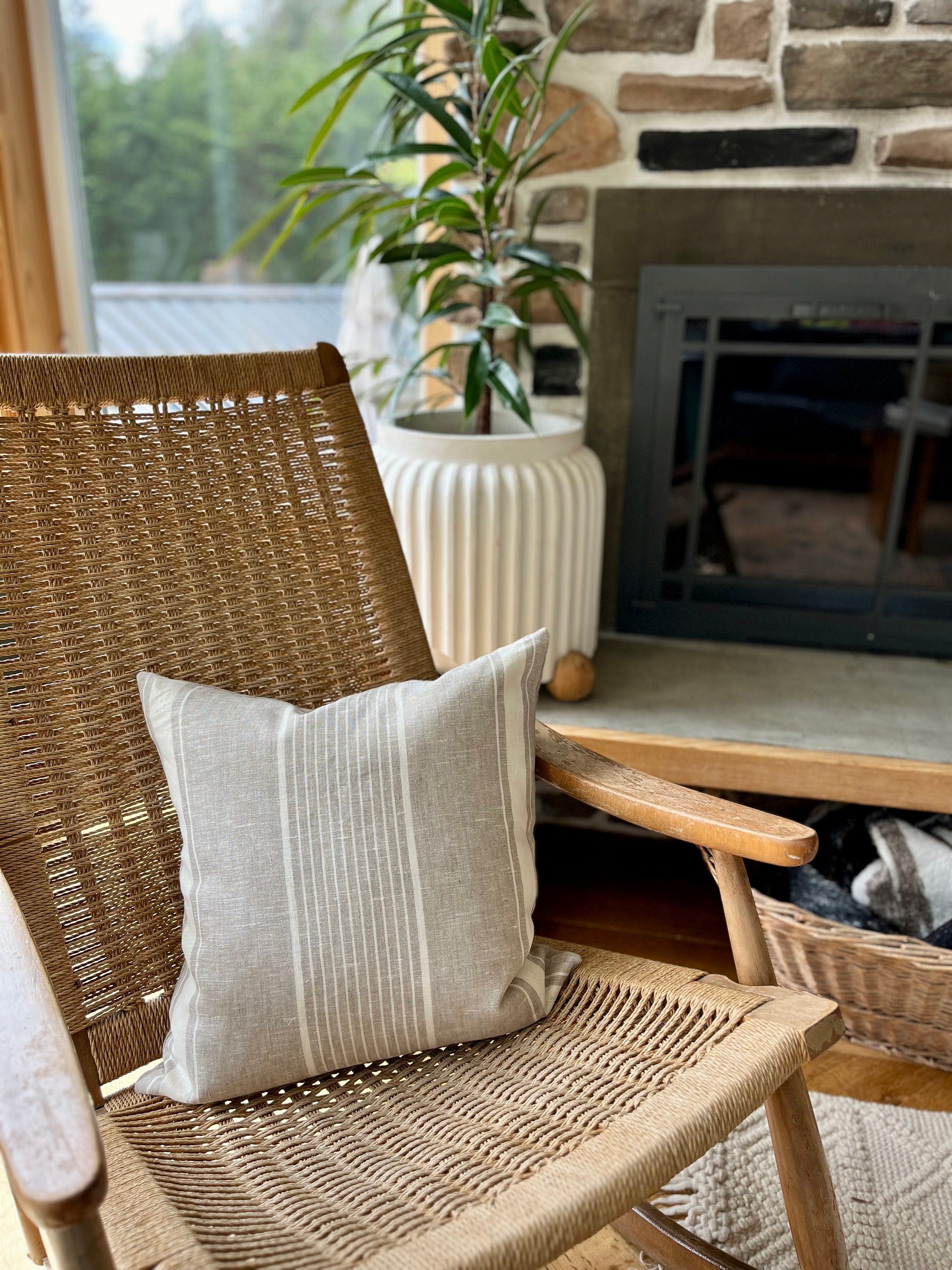 Striped Linen Pillow Cover: White and Natural, Leather Zipper Pull (18x18)