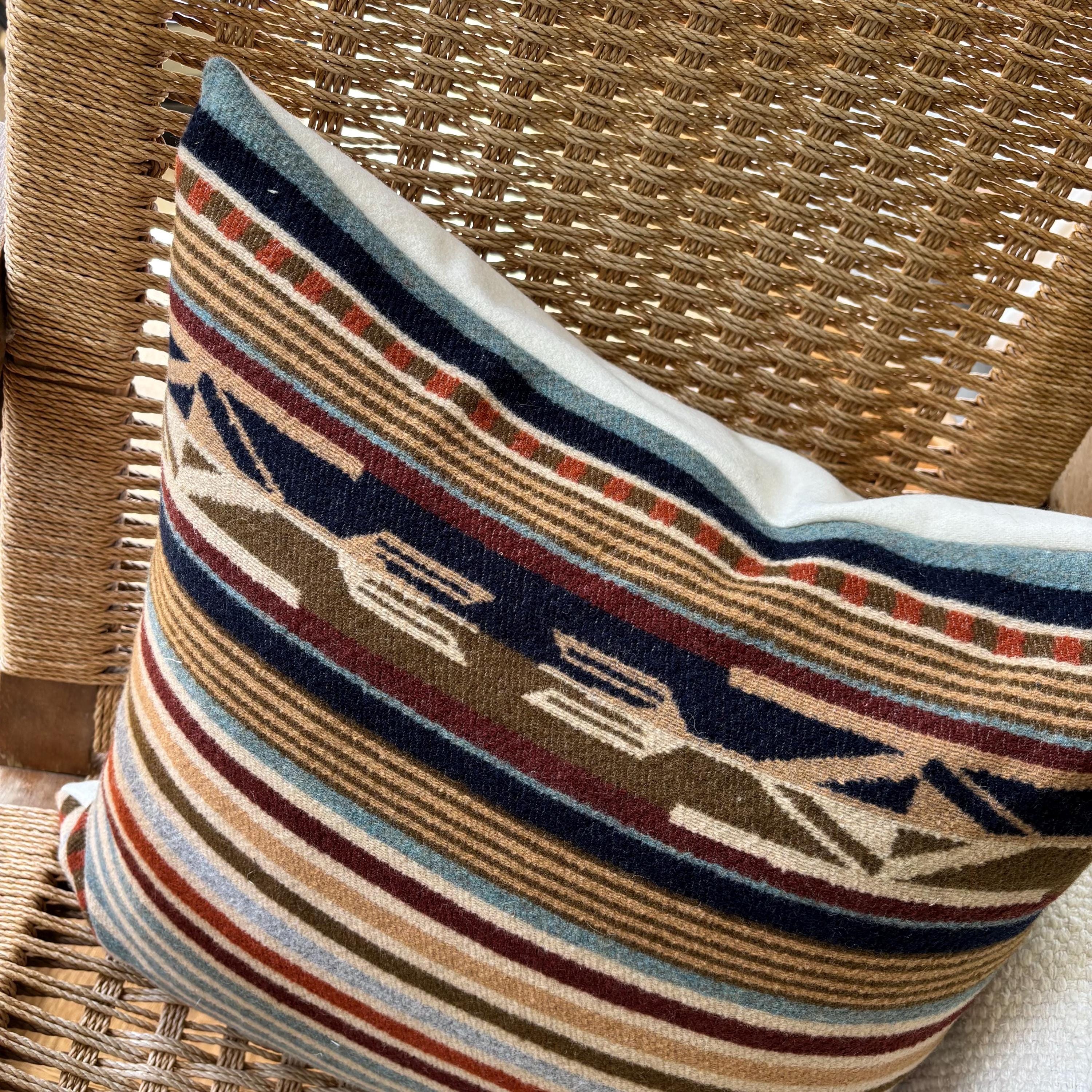 Wool Pillow Cover: Tans and rust striped Aztec Design, Leather Pull (20x20)