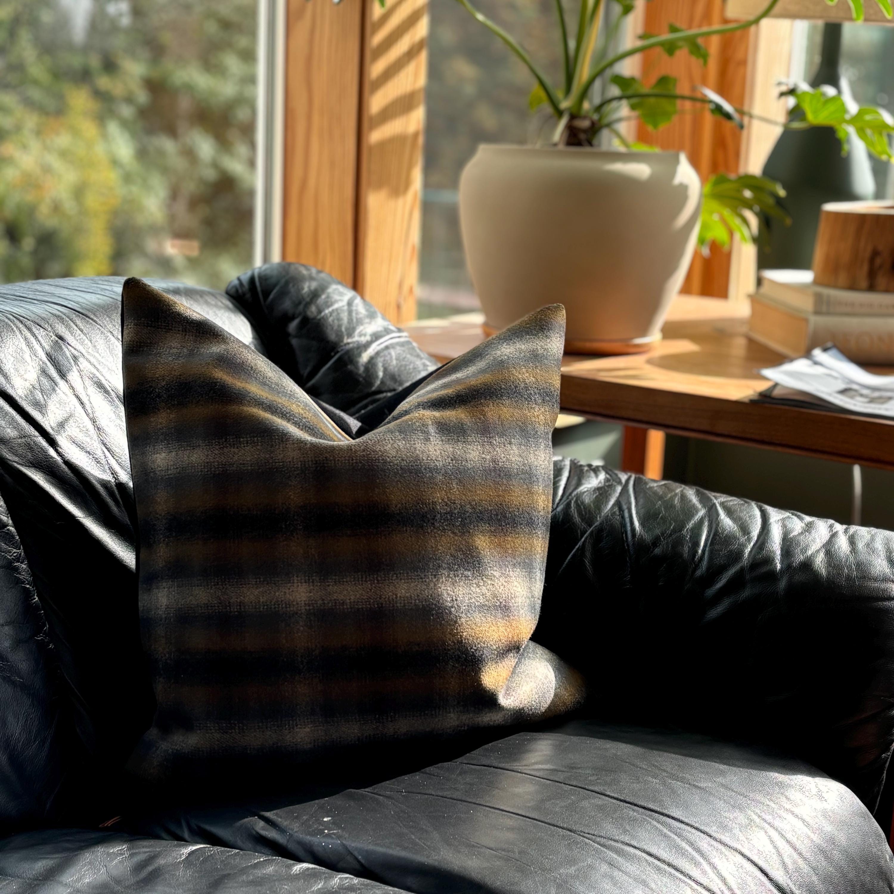 Wool Pillow Cover: Blue and tans Plaid Throw Pillow with Leather Pull