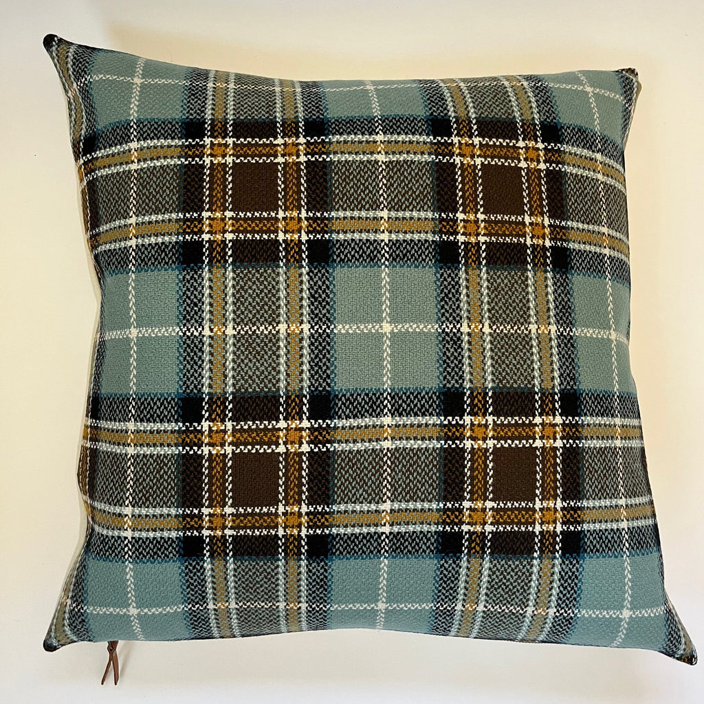 Blue black and gold plaid wool pillow cover exposed zipper-leather pull  24"22”20"14x24" handmade