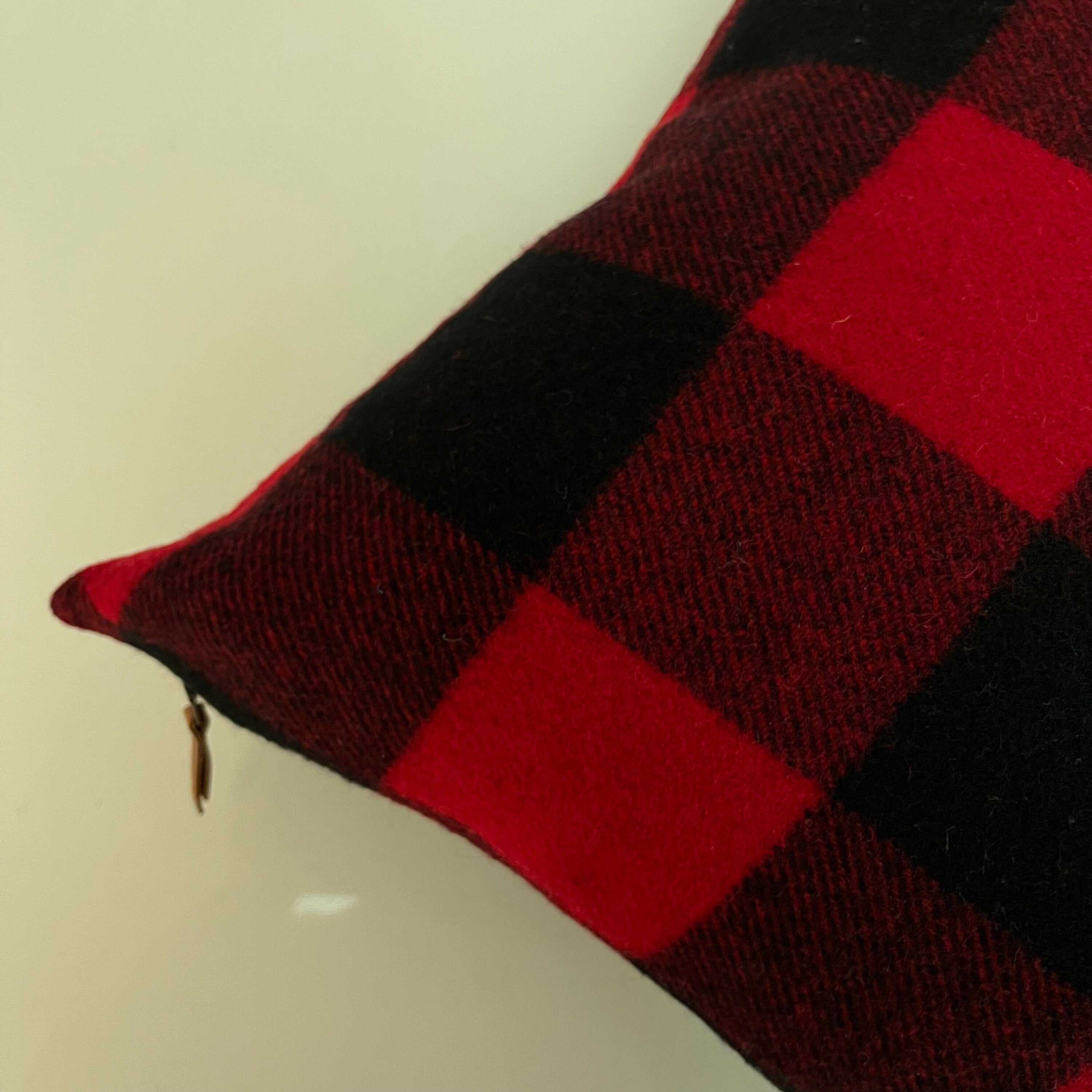 Red Black buffalo plaid pillow cover exposed zipper-leather pull  20x20 14x24 handmade wool Handcrafted by misa housewarming gift