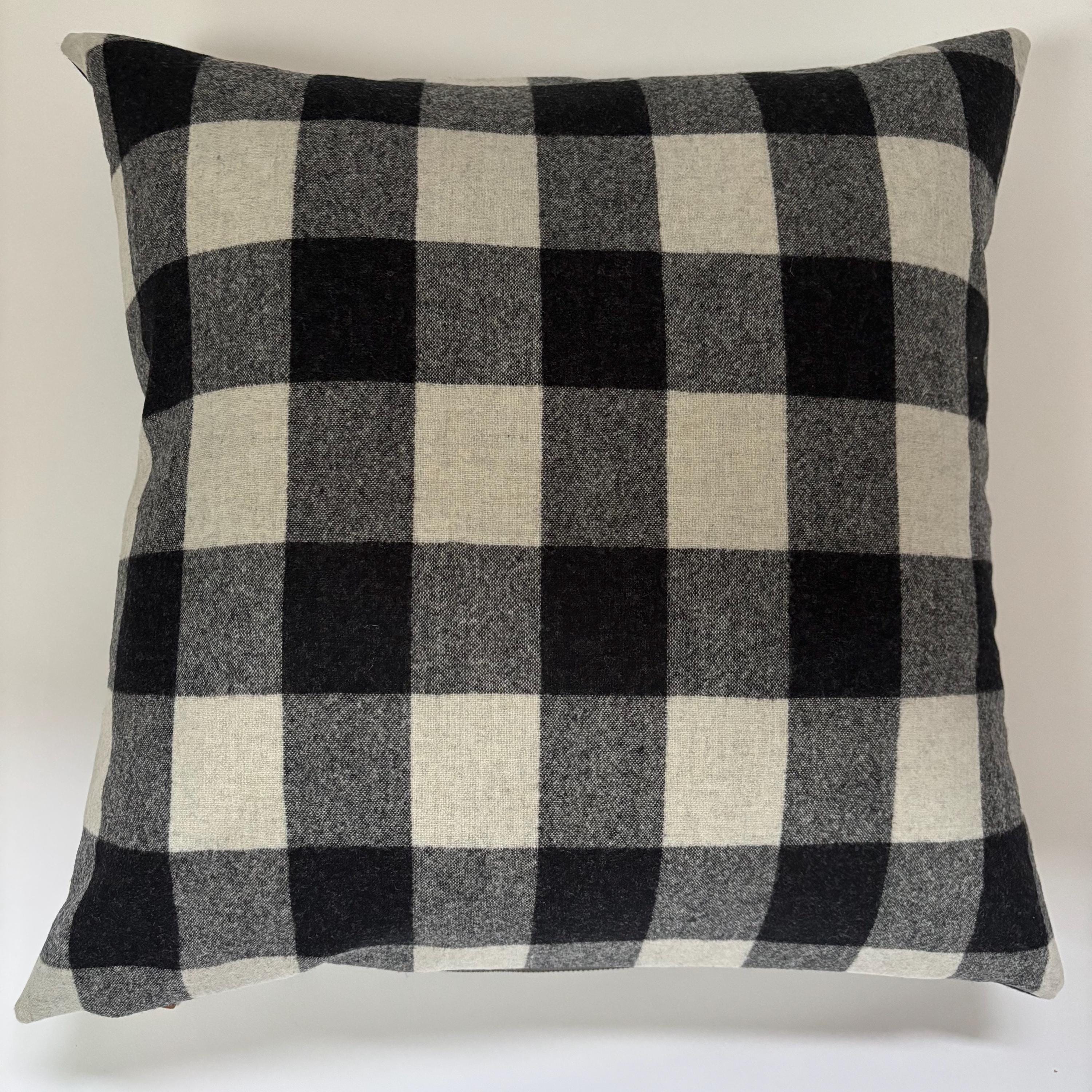 Wool Pillow Cover: Black Cream Plaid Checkered Throw Pillow