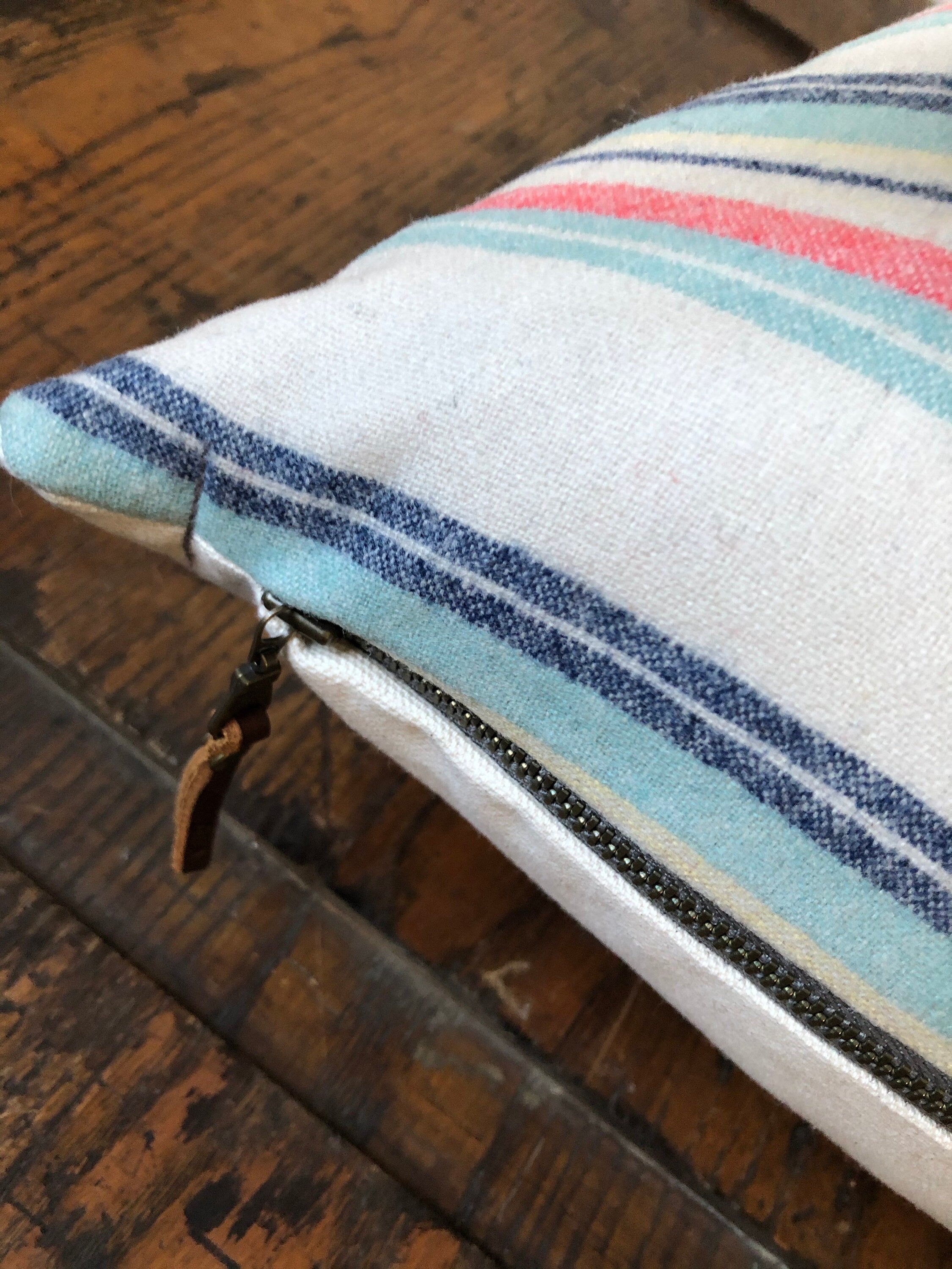 Striped wool pillow cover pink wool pillow striped pillow exposed zipper 18" housewarming gift handmade handcrafted by misa