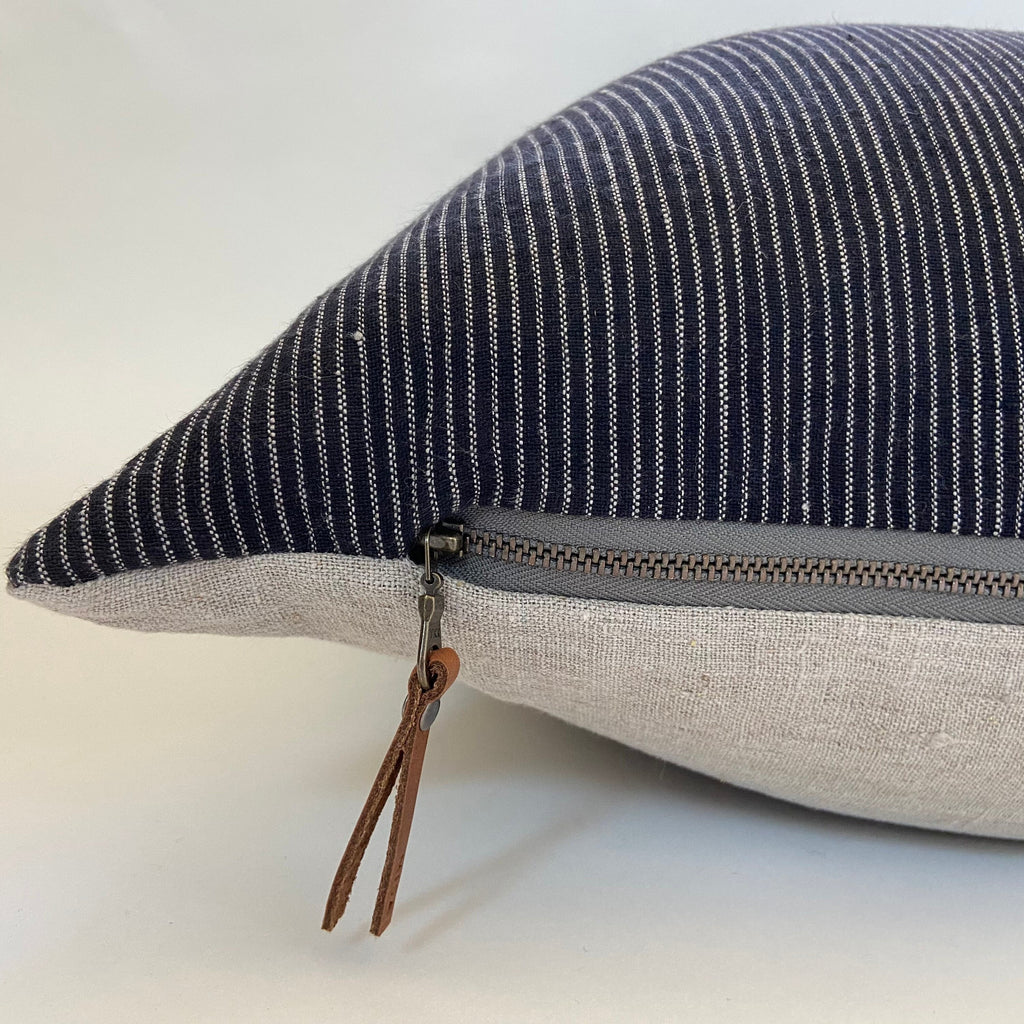 Black and white pinstriped linen pillow black and white stripe cover exposed zipper-leather pull 14x24 18”20”22” 24” high quality 100%linen