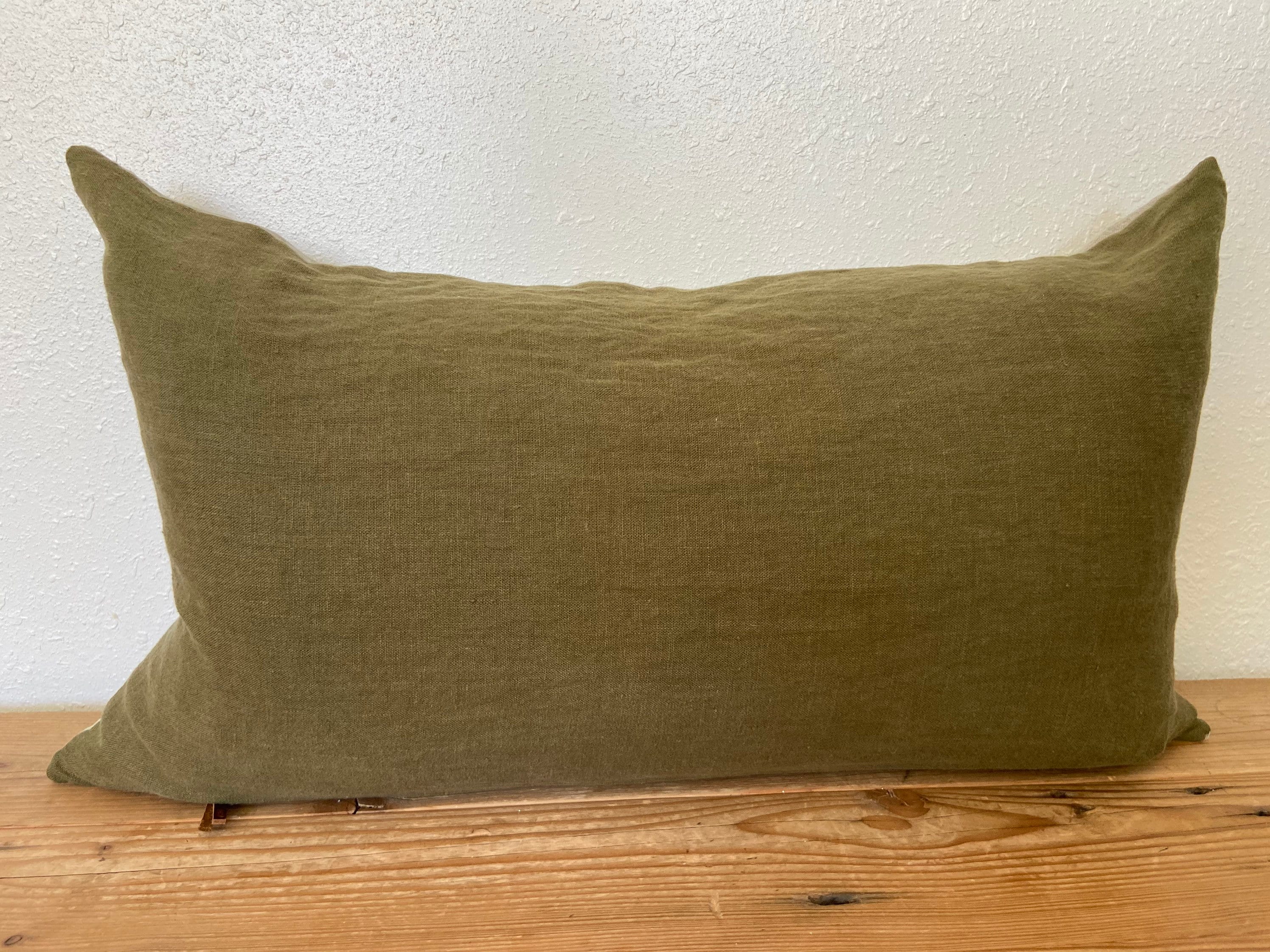 Luxury olive green linen pillow cover with neutral linen backing | exposed zipper-leather pull 20"22"24" 14x24 handcrafted by misa