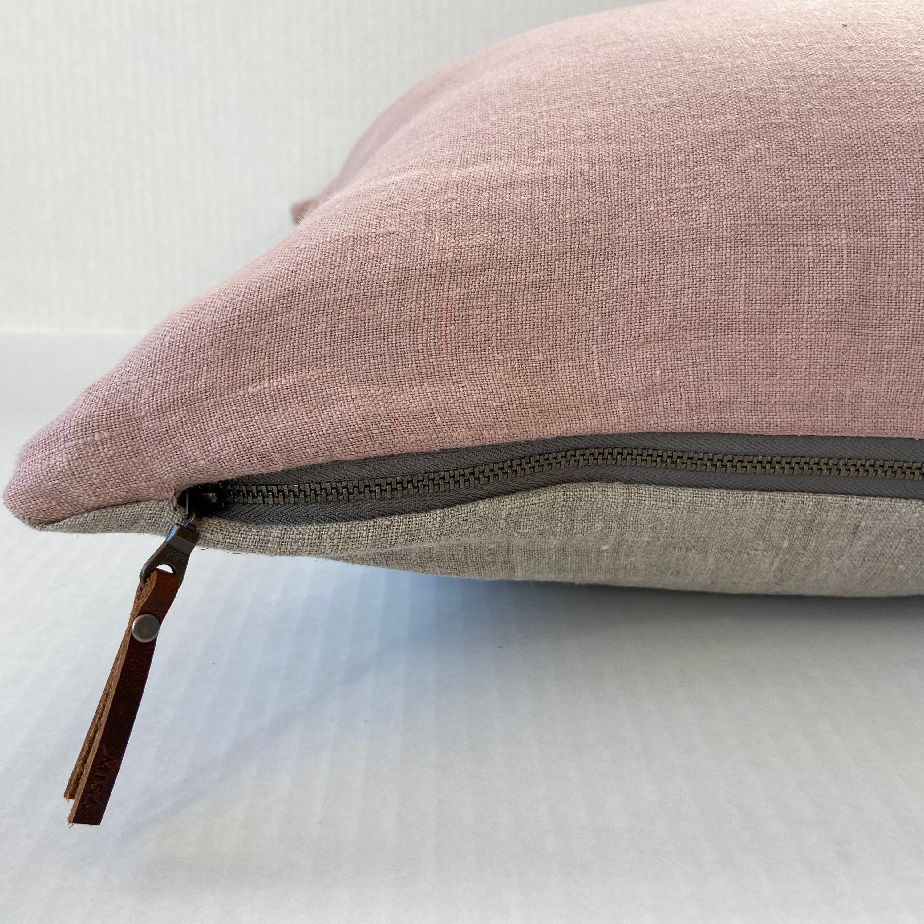 Pink linen pillow cover girls pillow 100% linen exposed zipper-leather pull  20x20”22x22"24x24" 14x24” handcrafted by misa housewarming gift