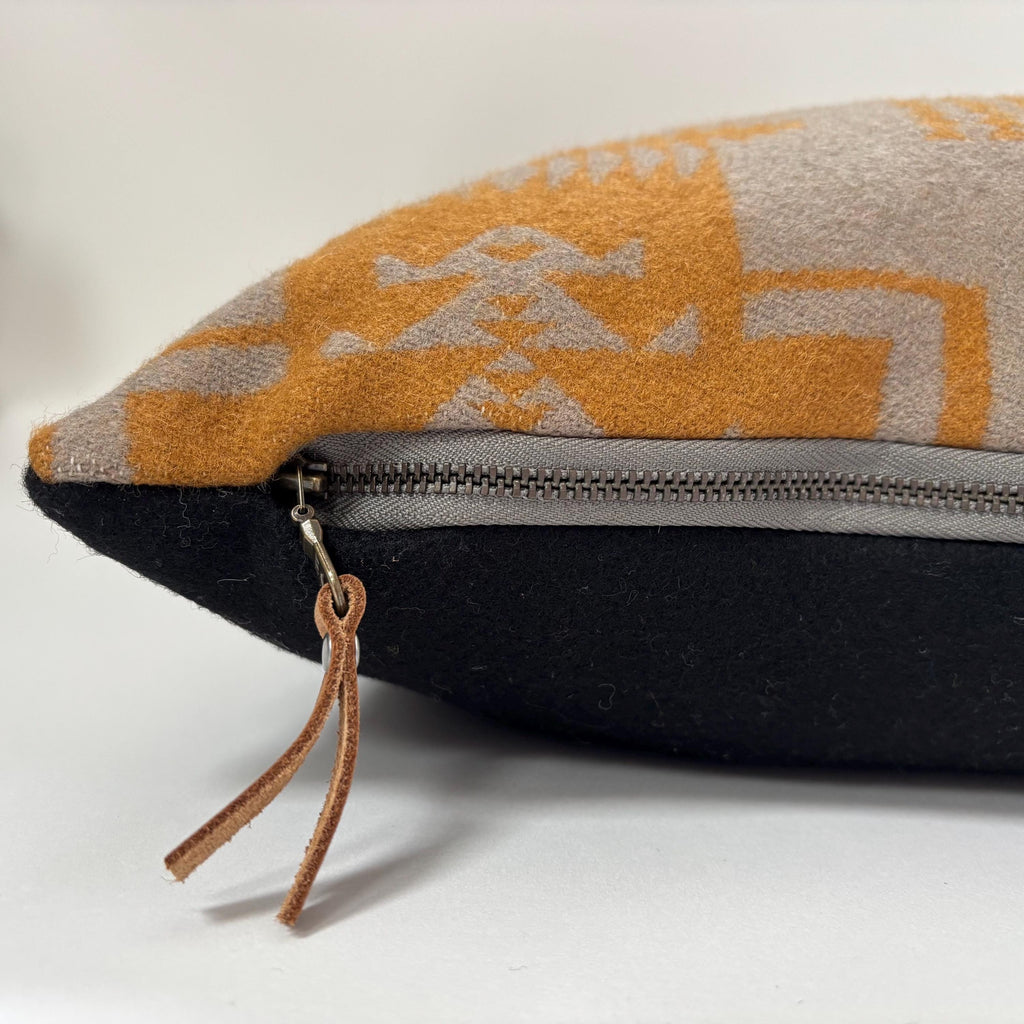 Wool Pillow Cover: Aztec Southwestern Design, Leather Pull (18x18”)
