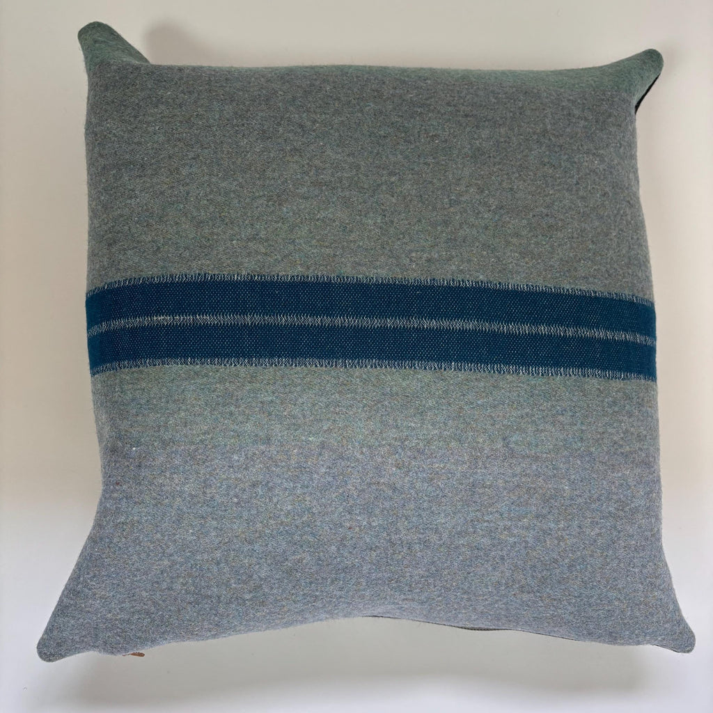 Blue striped wool pillow 18x18 exposed zipper with a leather pull housewarming winter pillow