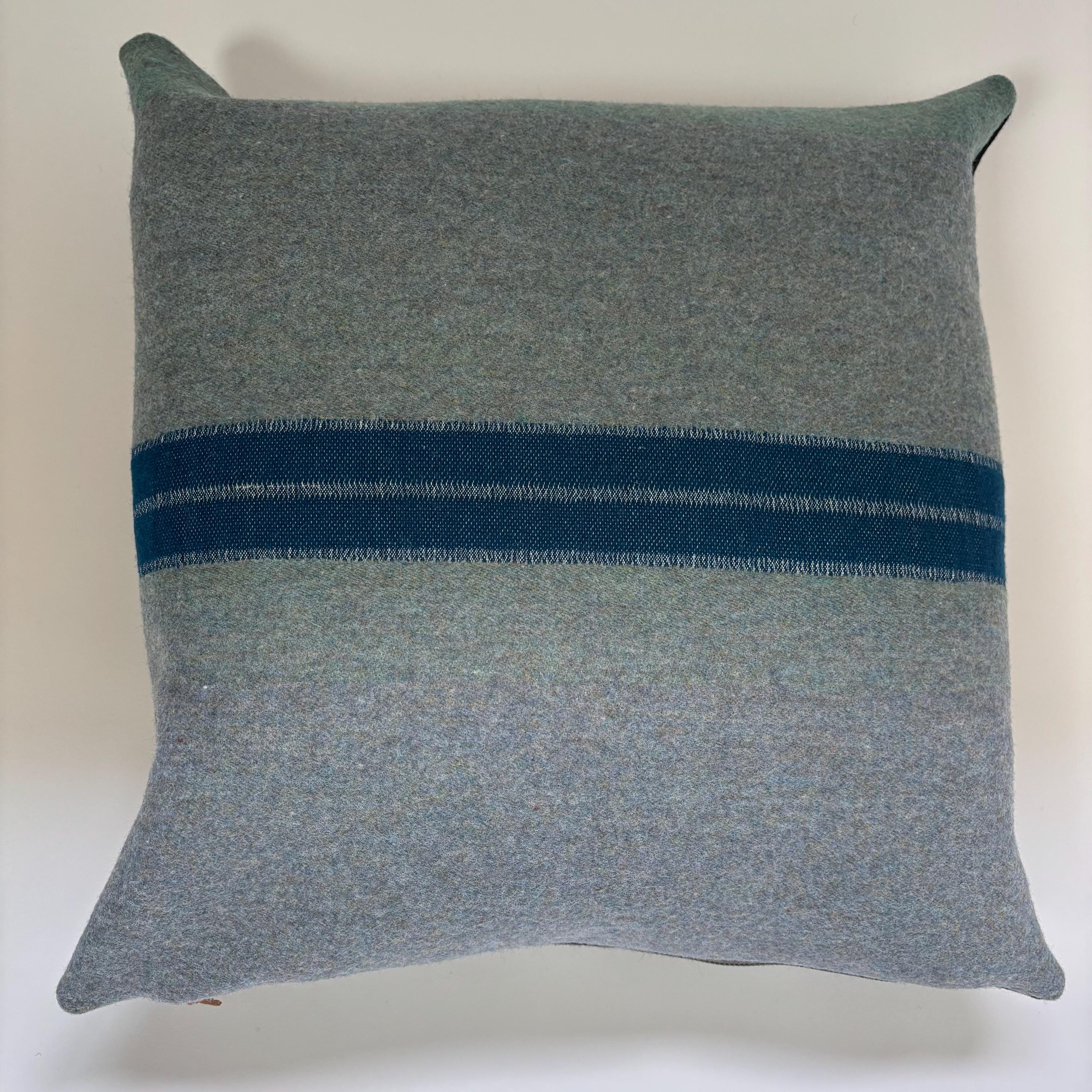 Blue striped wool pillow 18x18 exposed zipper with a leather pull housewarming winter pillow