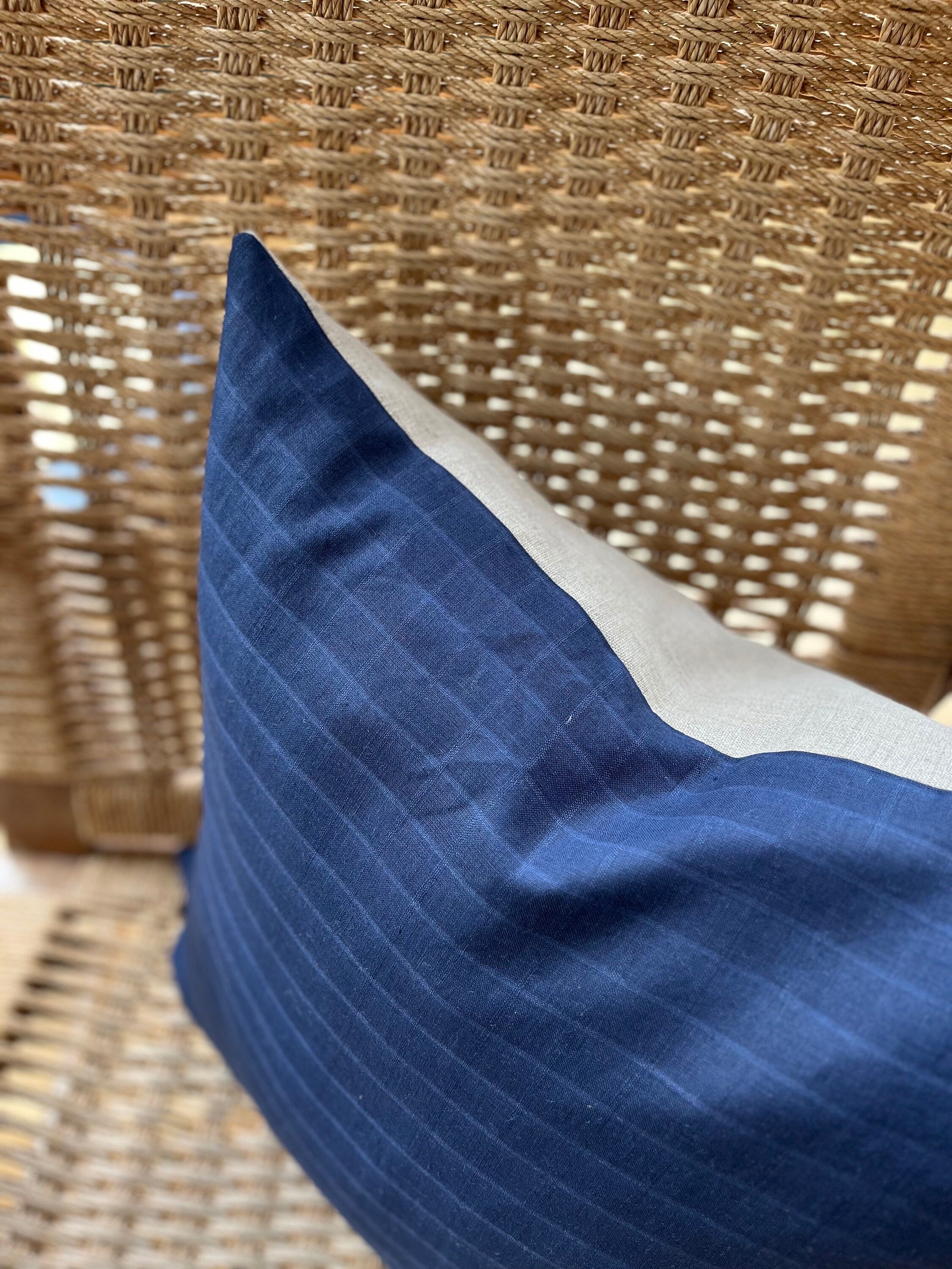 Navy Checked Linen Pillow Cover: Exposed Zipper, Leather Pull