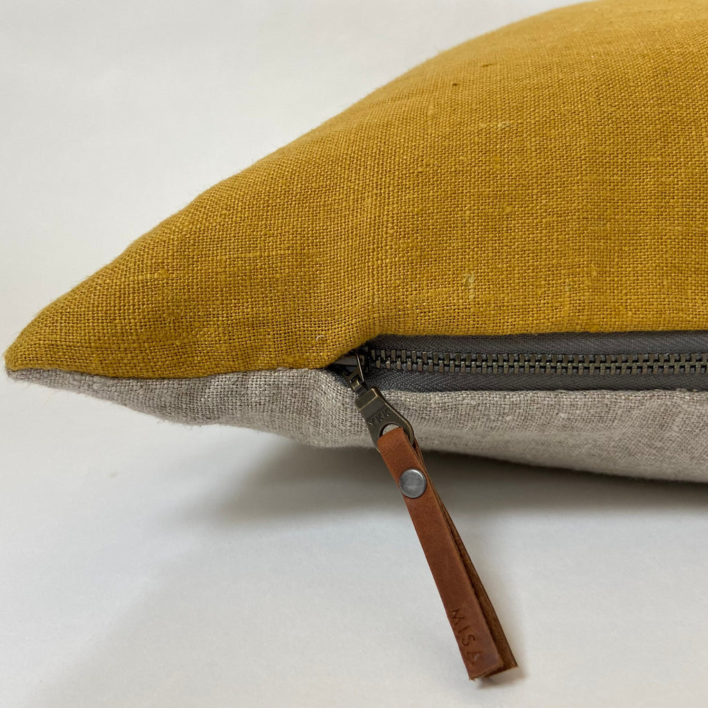 Gold linen pillow cover with neutral linen backing exposed zipper-leather pull 20x20” 22x22" 24x24" 14x24” handcrafted by misa housewarming