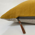 Gold linen pillow cover with neutral linen backing exposed zipper-leather pull 20x20” 22x22" 24x24" 14x24” handcrafted by misa housewarming